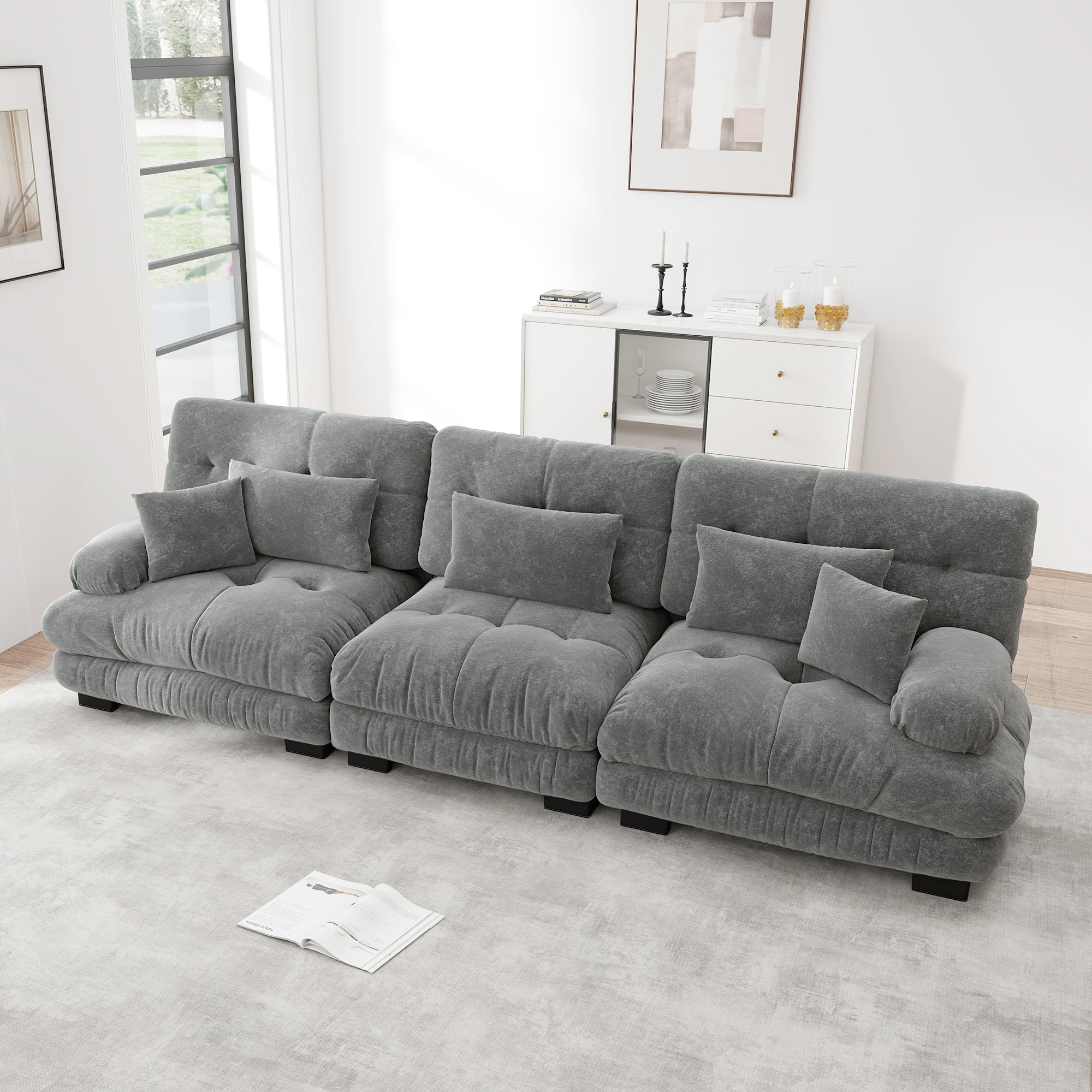 3-Seater Modular Corner Sofa, Deep Seat Sofa Bed, Chenille Grey