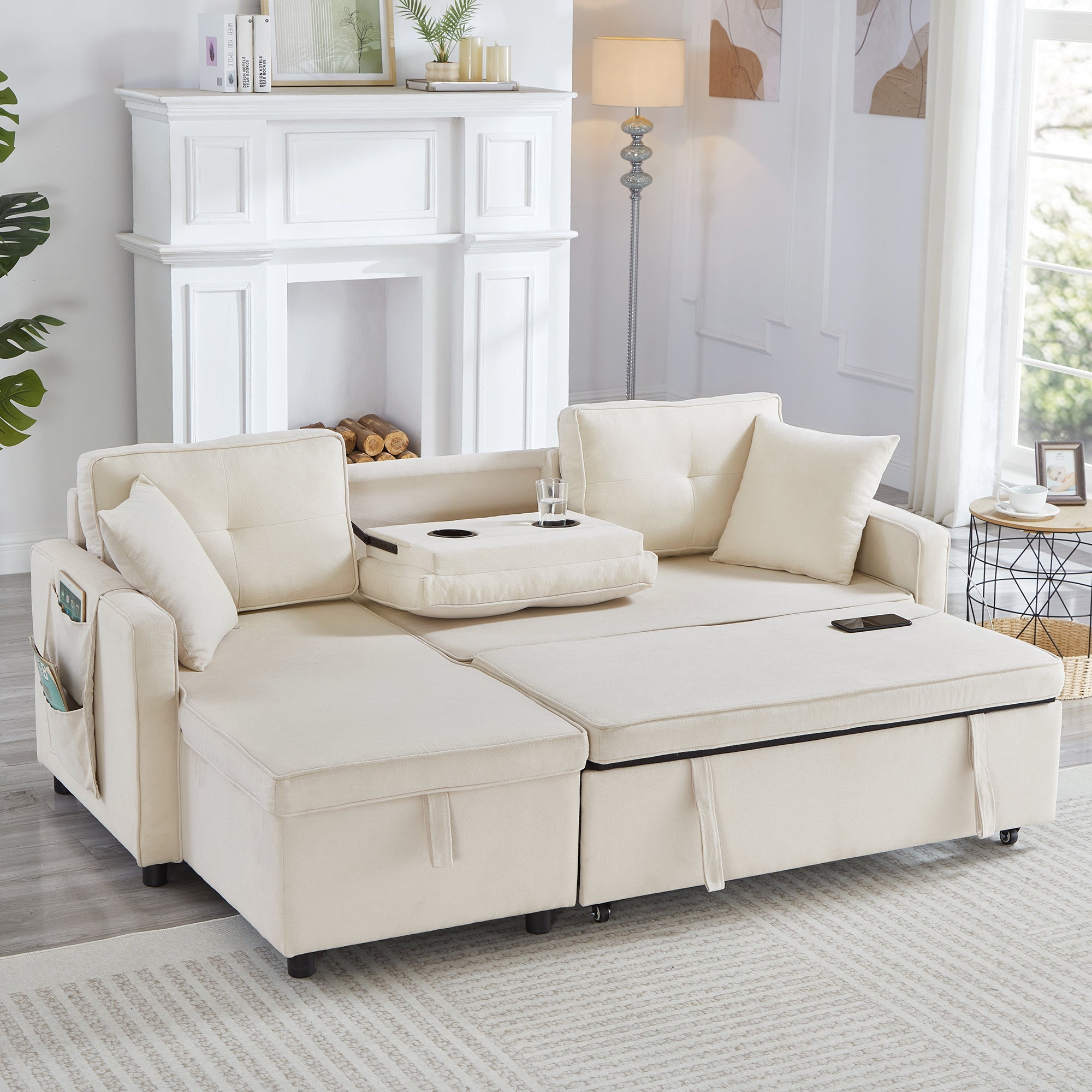 L-Shaped Pull Out Sleep Sofabed, Modern Reversible Sleeper Sectional Sofa with Storage Chaise, Drop-Down Table, Cup Holders and Charging Ports (USB & Type-C), Beige
