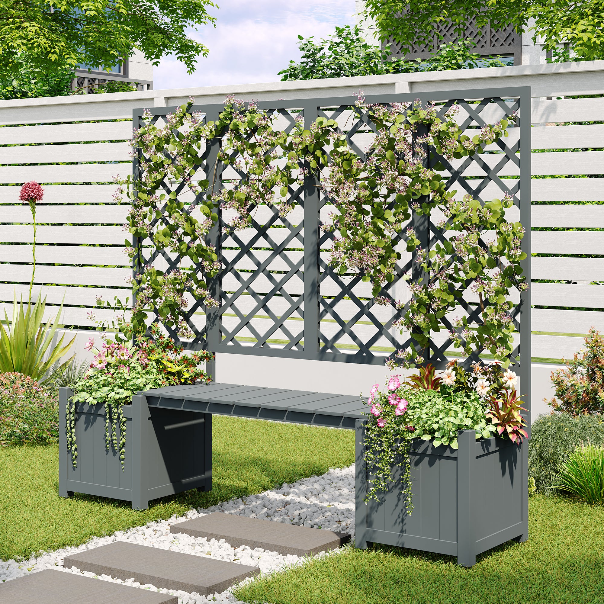 Planter Box with Trellis and Seating - Solid Grey Fir