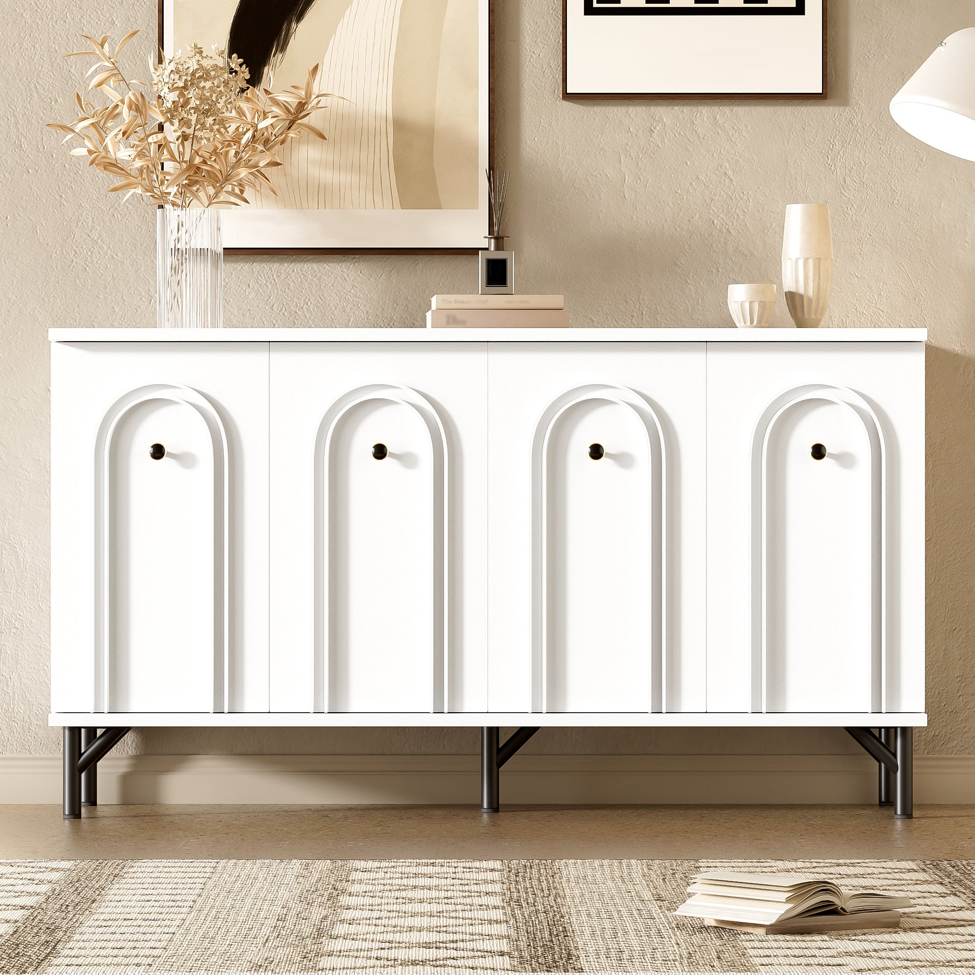 Sideboard, 4-Door with Curved Front, Adjustable Shelves, White