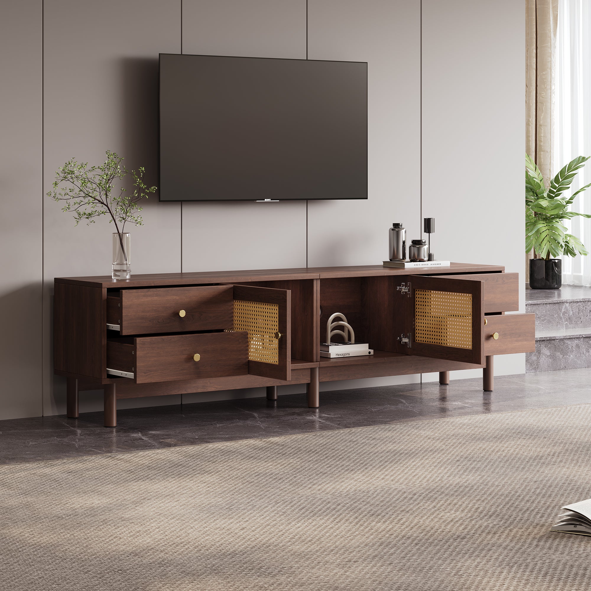 TV Cabinet, 180cm with Rattan Doors, 4 Drawers, Cable Management, Dark Wood