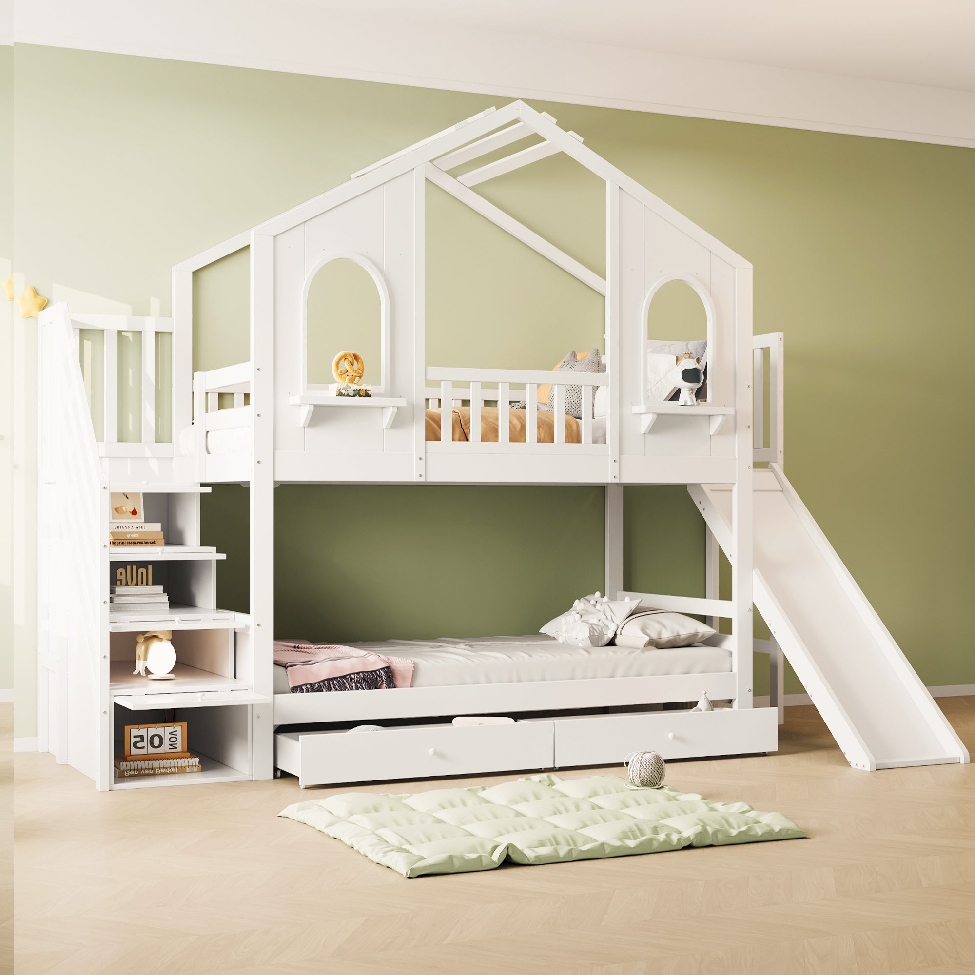 Children's Bunk Bed House-Shaped with Slide & Storage, 90x200cm, White