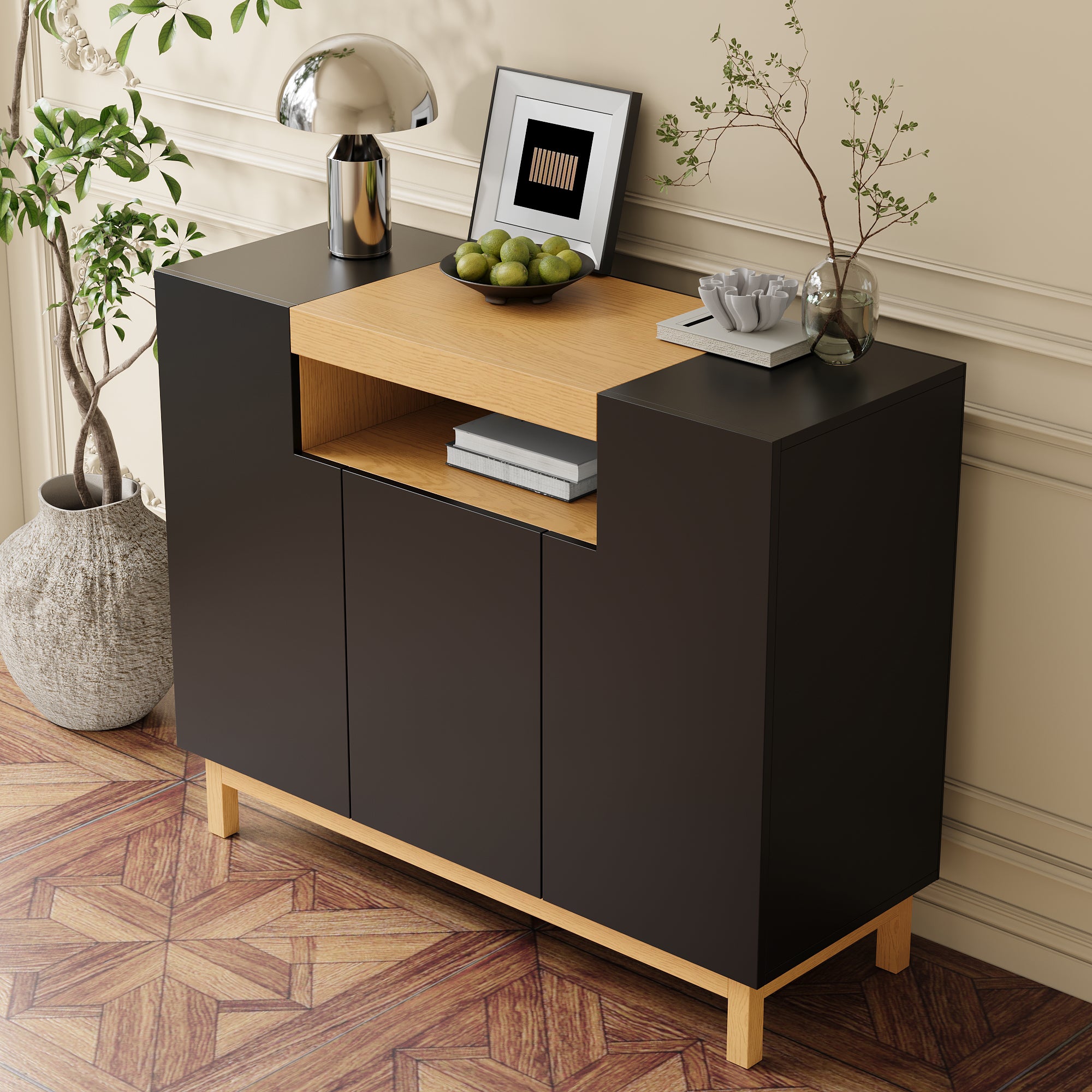 Sideboard with 3 Doors and Open Compartment, Black and Wood Finish