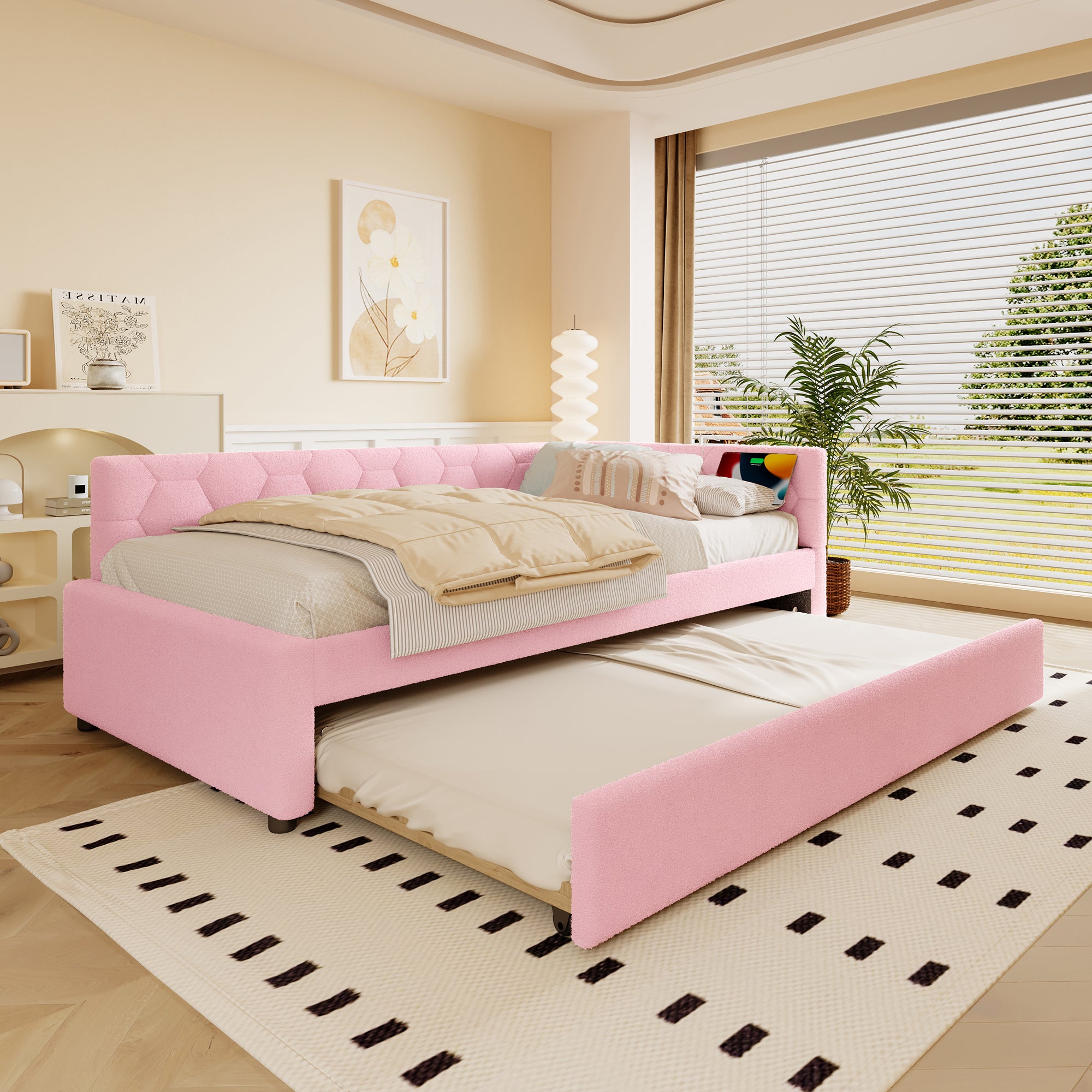 Daybed Sofa Bed 90x200cm Pull-Out Bed Bedside Lamp USB/Type-C Pink Fleece Imitation
