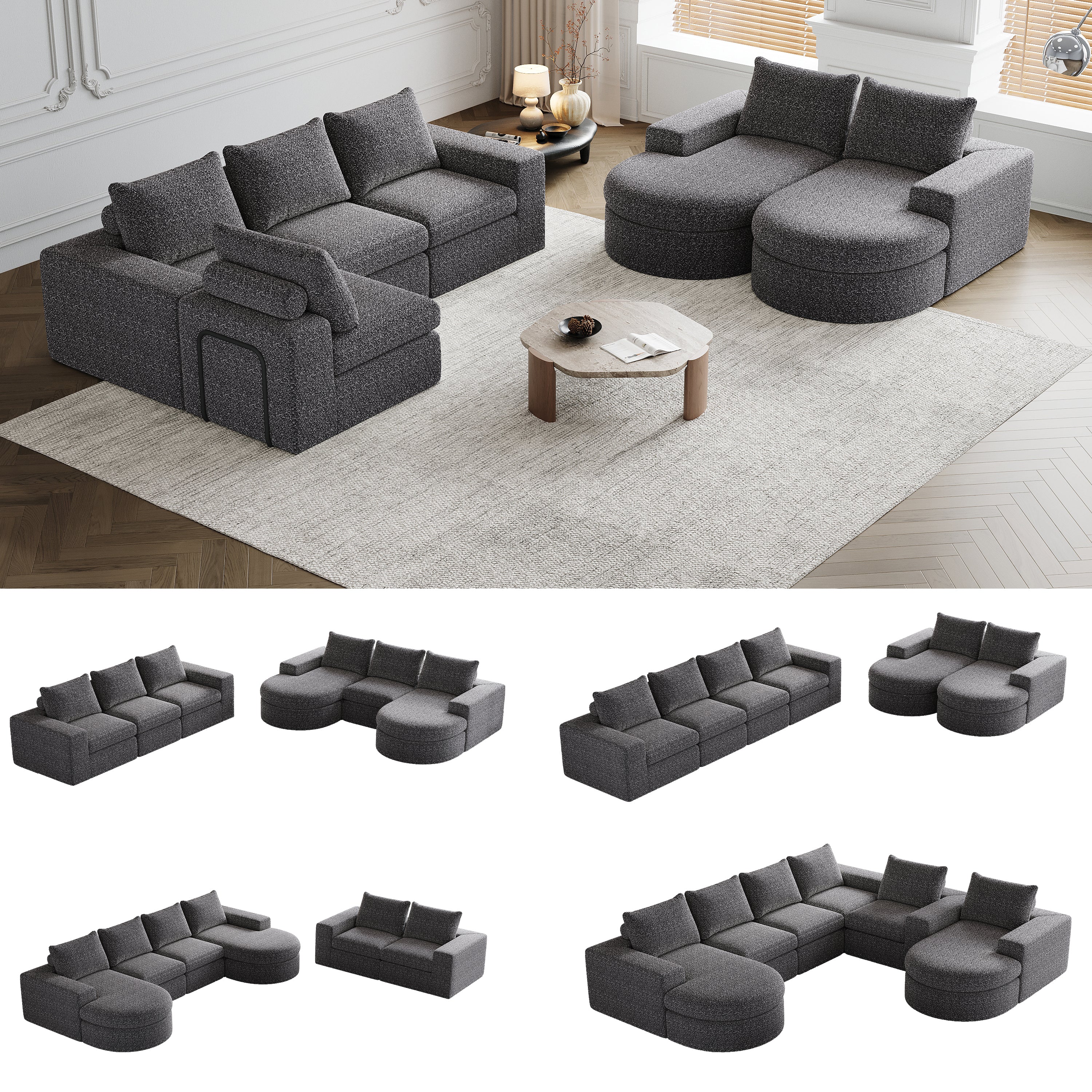 Chenille Sofa, Curved Modular L-Lounger, Two-Piece Set