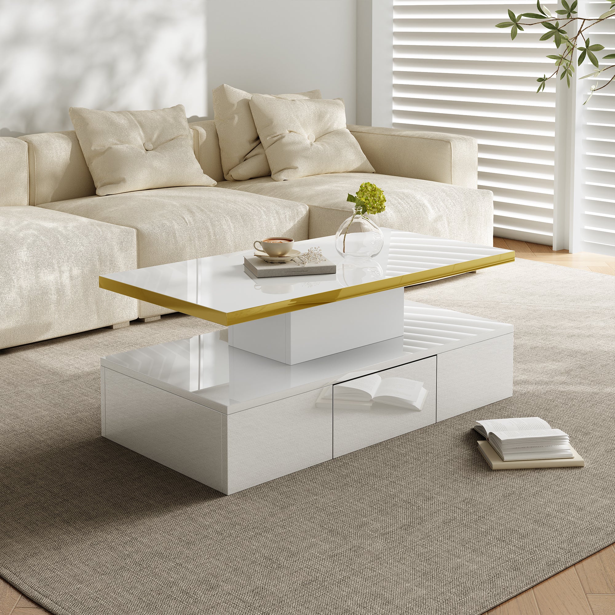 Coffee Table with Drawers, High-Gloss Lacquer Finish, Two Shelves, LED Light