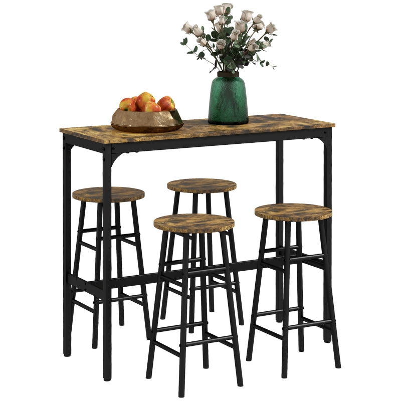 5 Piece Bar Table Set, 4 Stools Industrial Dining, Rustic Brown
