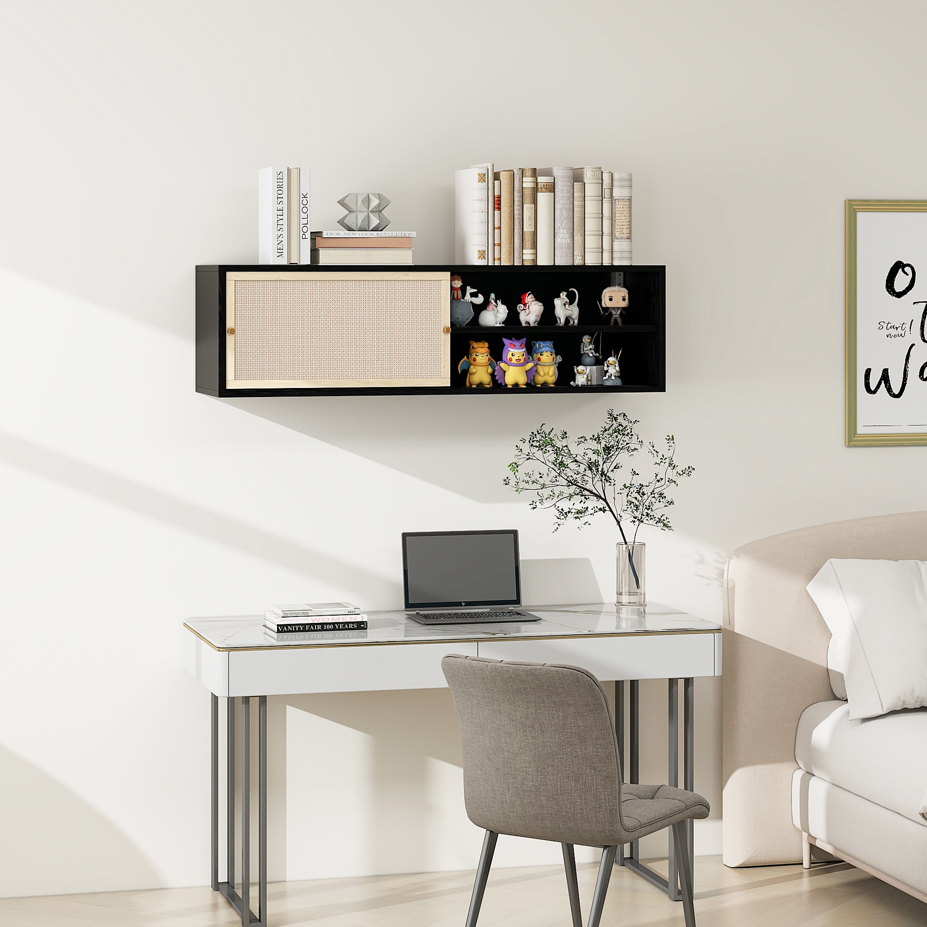 Wall Cabinet rectangular with sliding doors, rattan weave, 110 cm, black