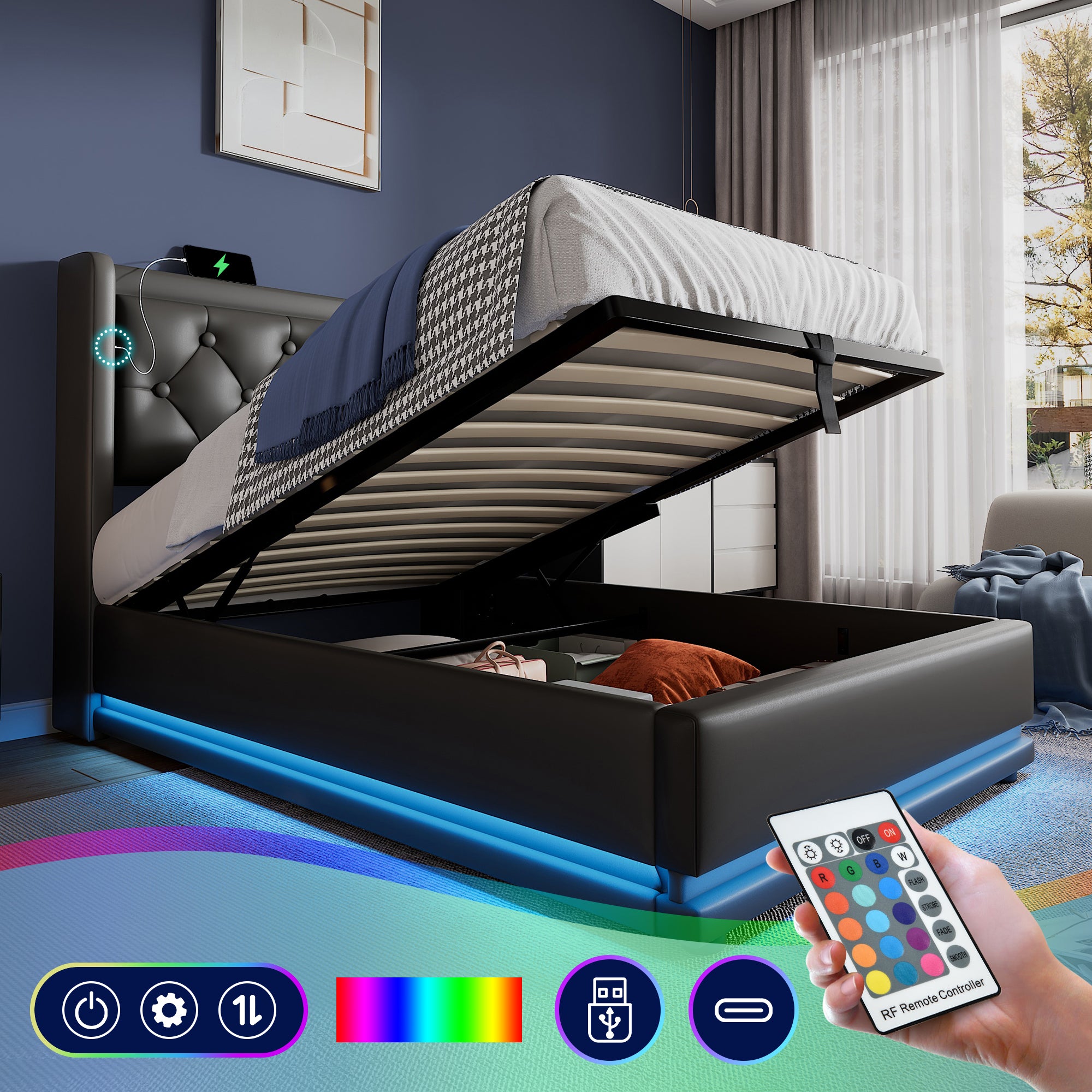 Upholstered Single Bed 90x200cm Hydraulic Storage USB-C LED Headboard, Black PU