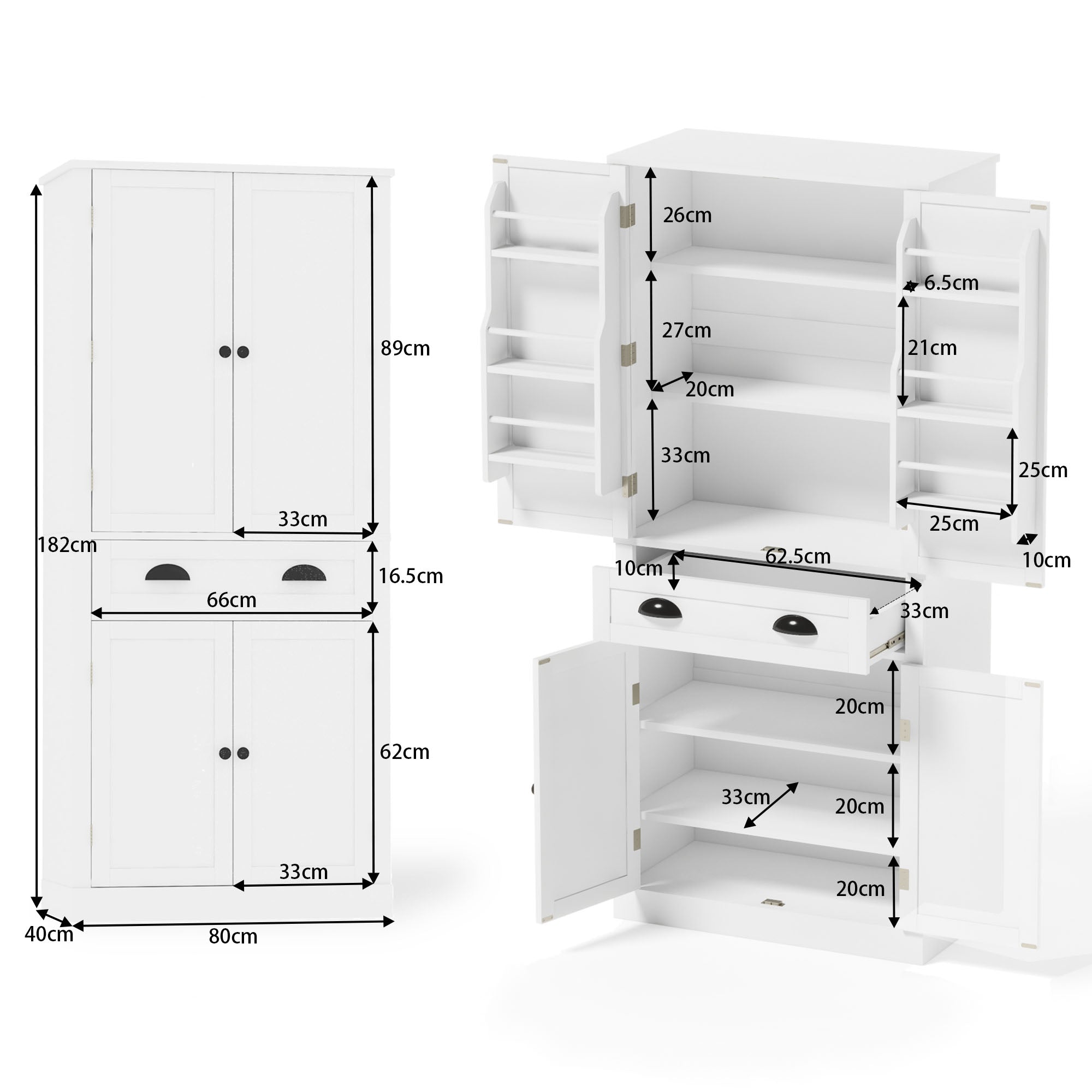 Storage Cabinet with 4 Doors and 1 Drawer, 6 Compartments and 4 Adjustable Shelves, White