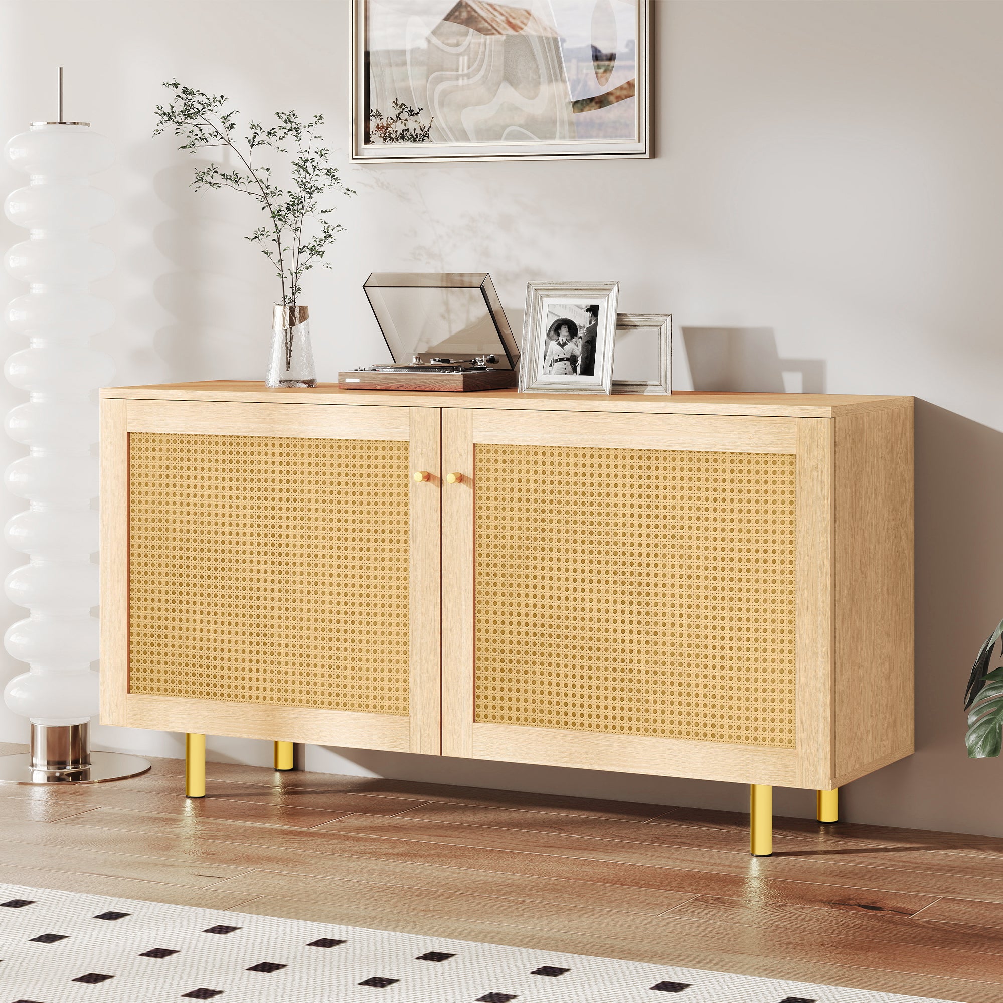 Wicker Sideboard Double-Door Storage Cabinet 120cm Natural Wood Look