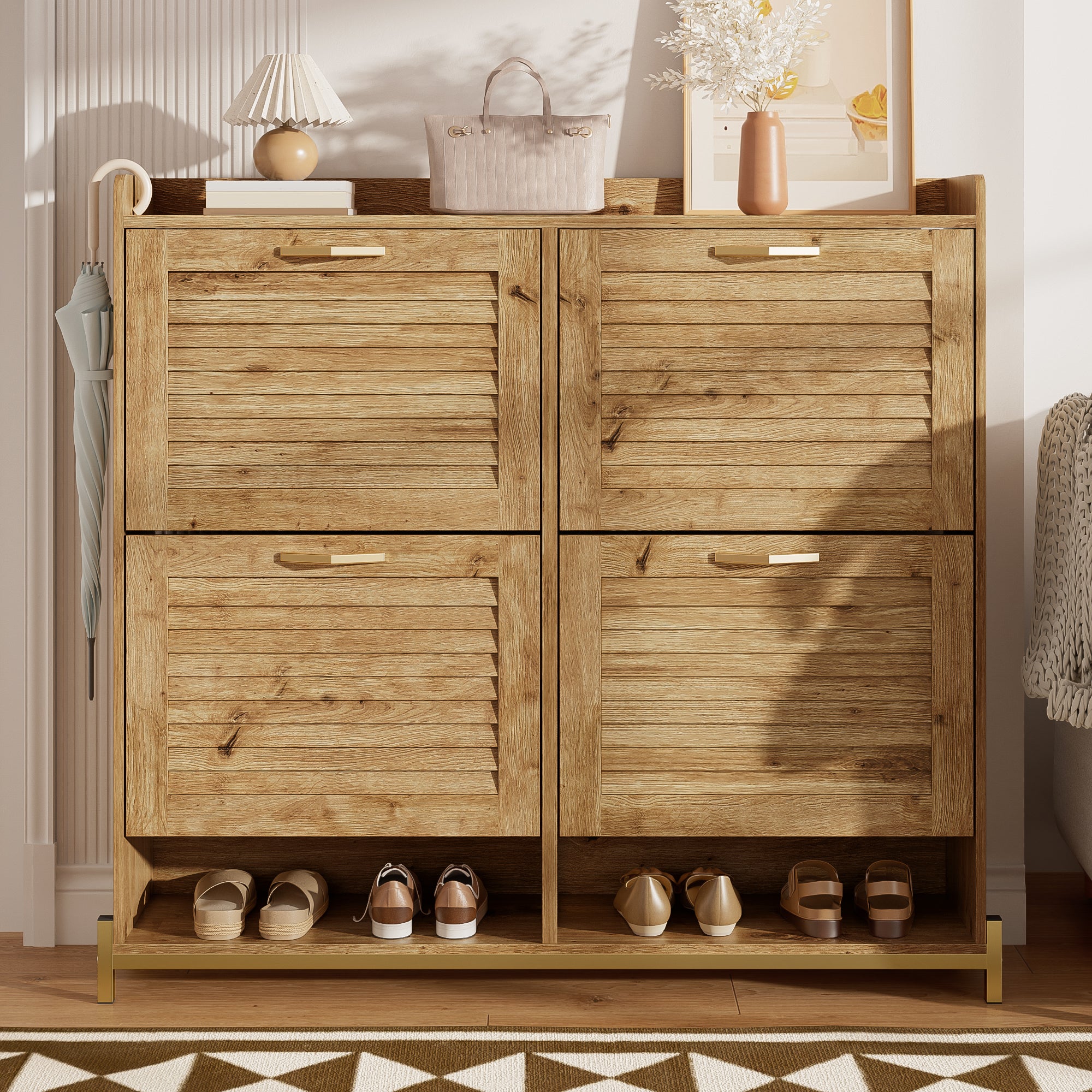 Modern Shoe Cabinet, 4 Doors, Metal Frame, Space-Saving, Wooden Slat