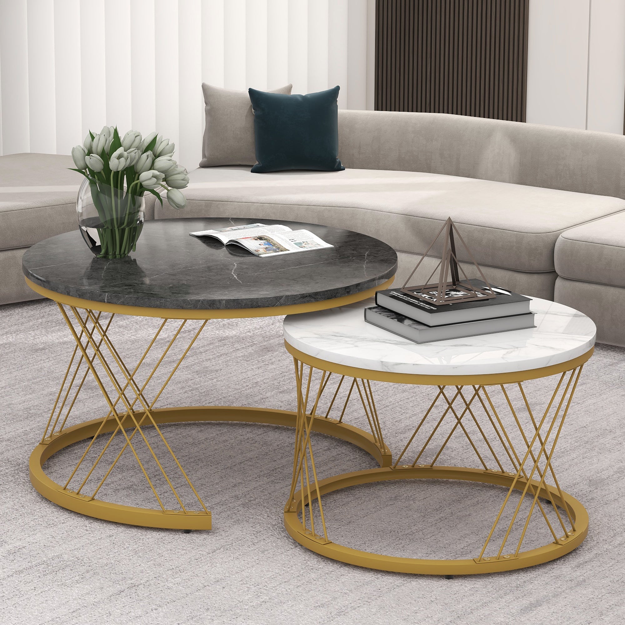 Nesting Coffee Table Set Modern Round Set of 2 Marble Veneer - Gold Frame