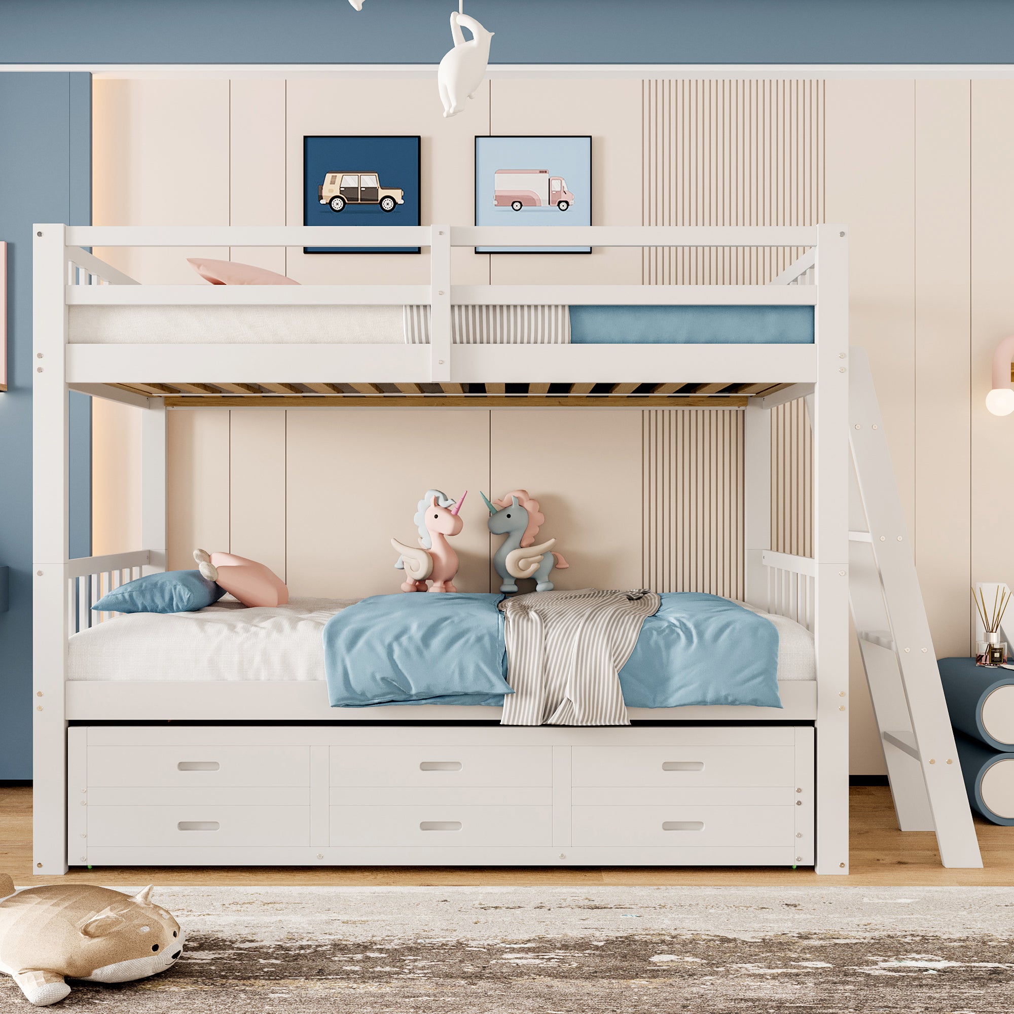 Bunk Bed 90x200cm House Bed with Ladder, Pull-Out Bed & 3 Drawers, White Pine Wood & MDF
