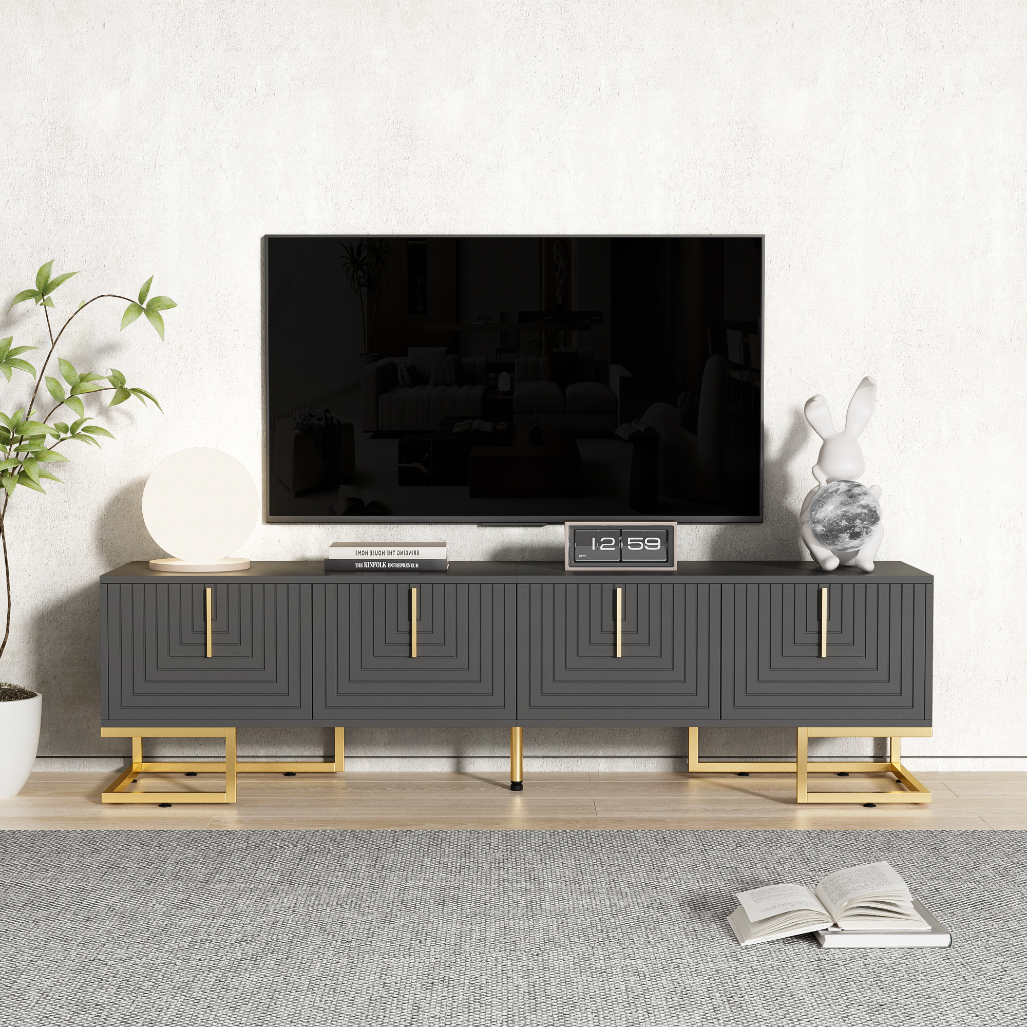 TV Cabinet, Lowboard with Textured Door, Gold Handles & Feet