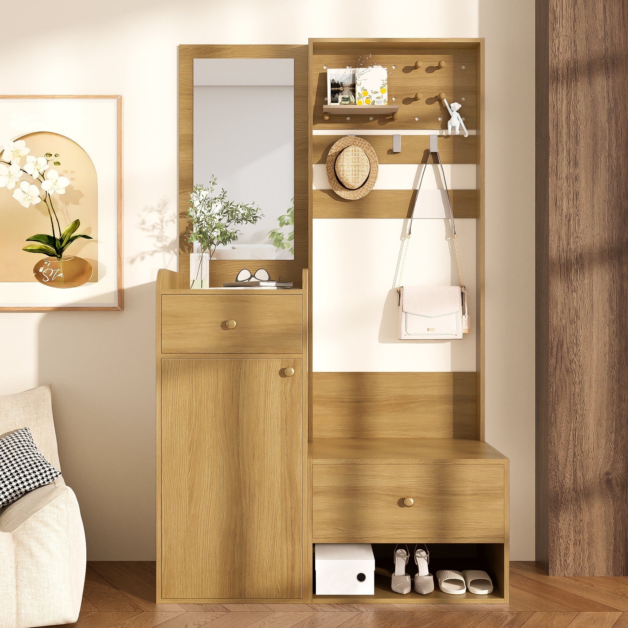 Compact Wardrobe, Entryway Shelf with Mirror, Adjustable Hooks, Wood-Coloured