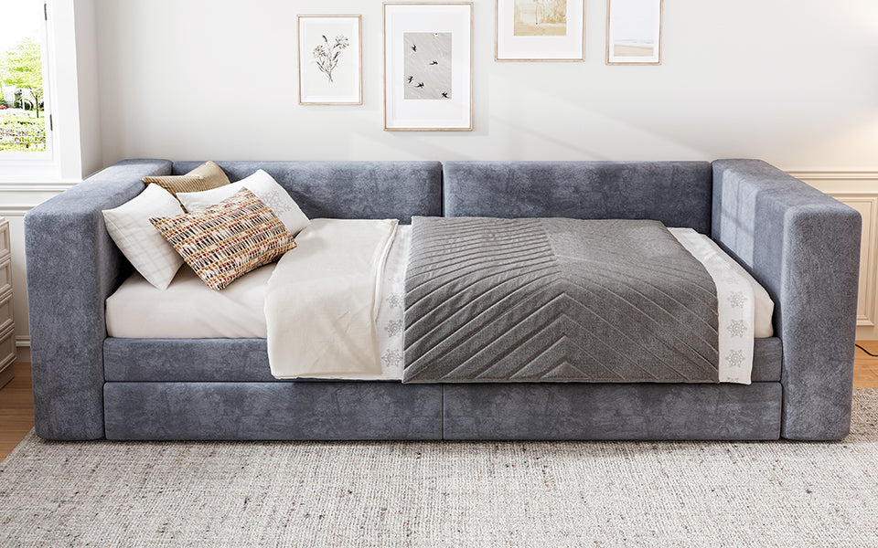 Upholstered Bed, 3FT Single 90x190cm Daybed with Storage, Velvet Grey
