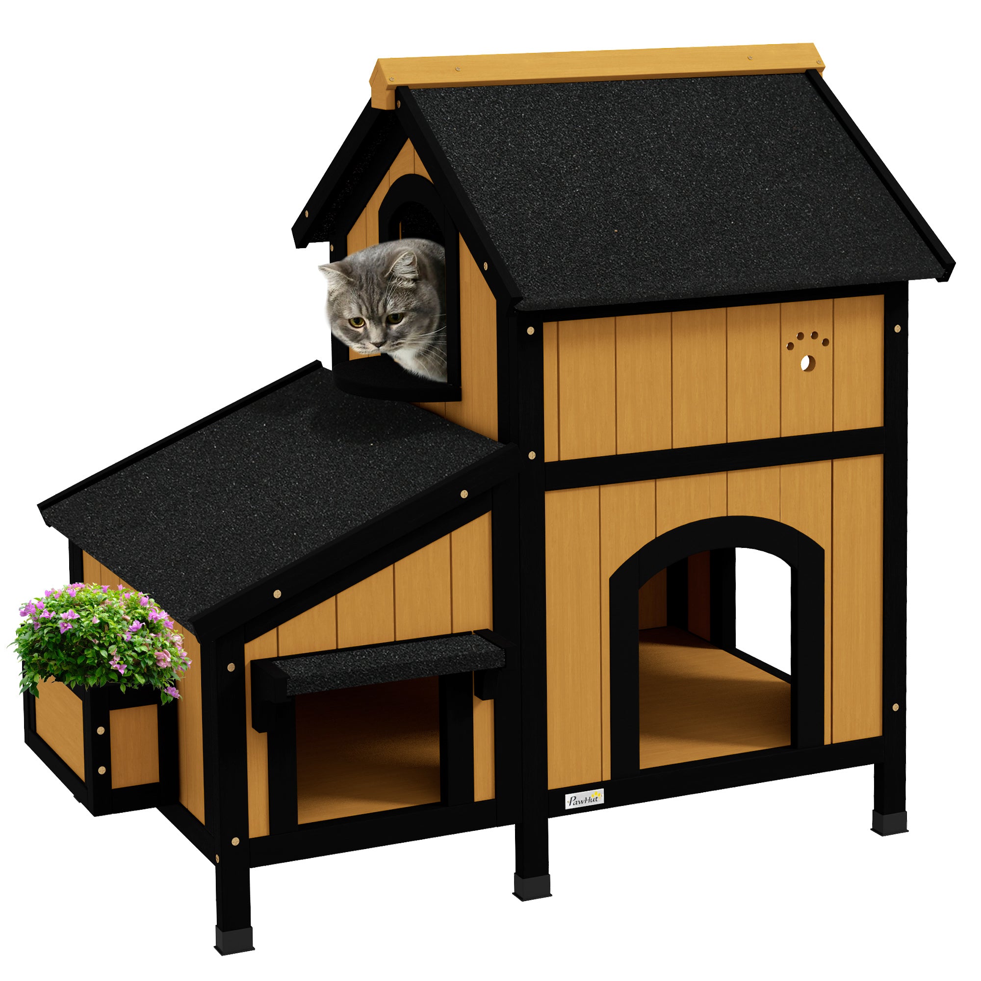 Cat House, 2-Level Outdoor Hut with Flower Box, Fir Wood Yellow