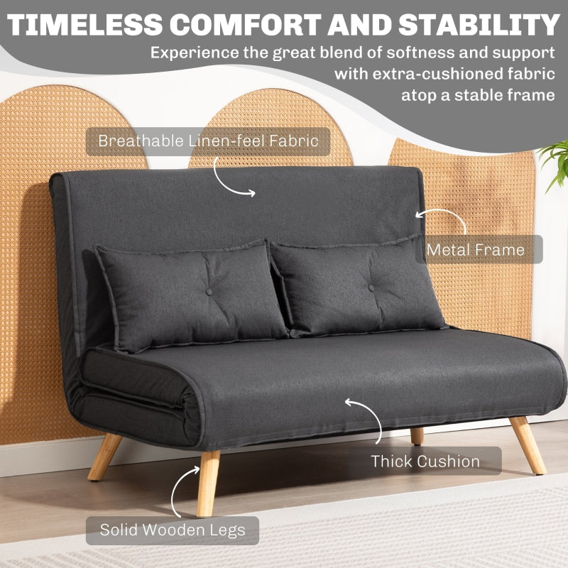 Two-Seater Sofa Bed, Adjustable Recliner, Linen-Look Charcoal Grey