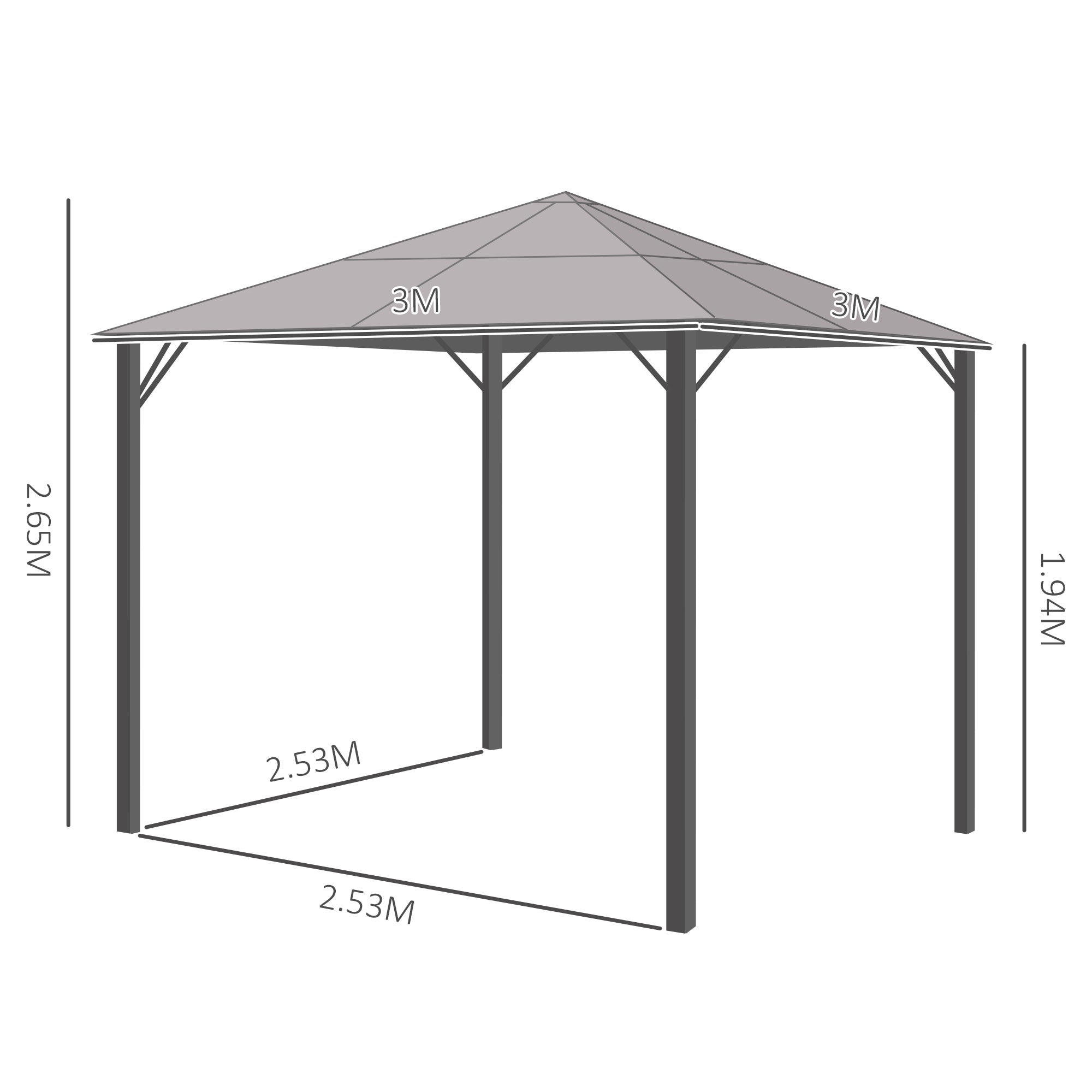 Hardtop Gazebo, 3m x 3m Metal Frame Mesh Draped, Grey