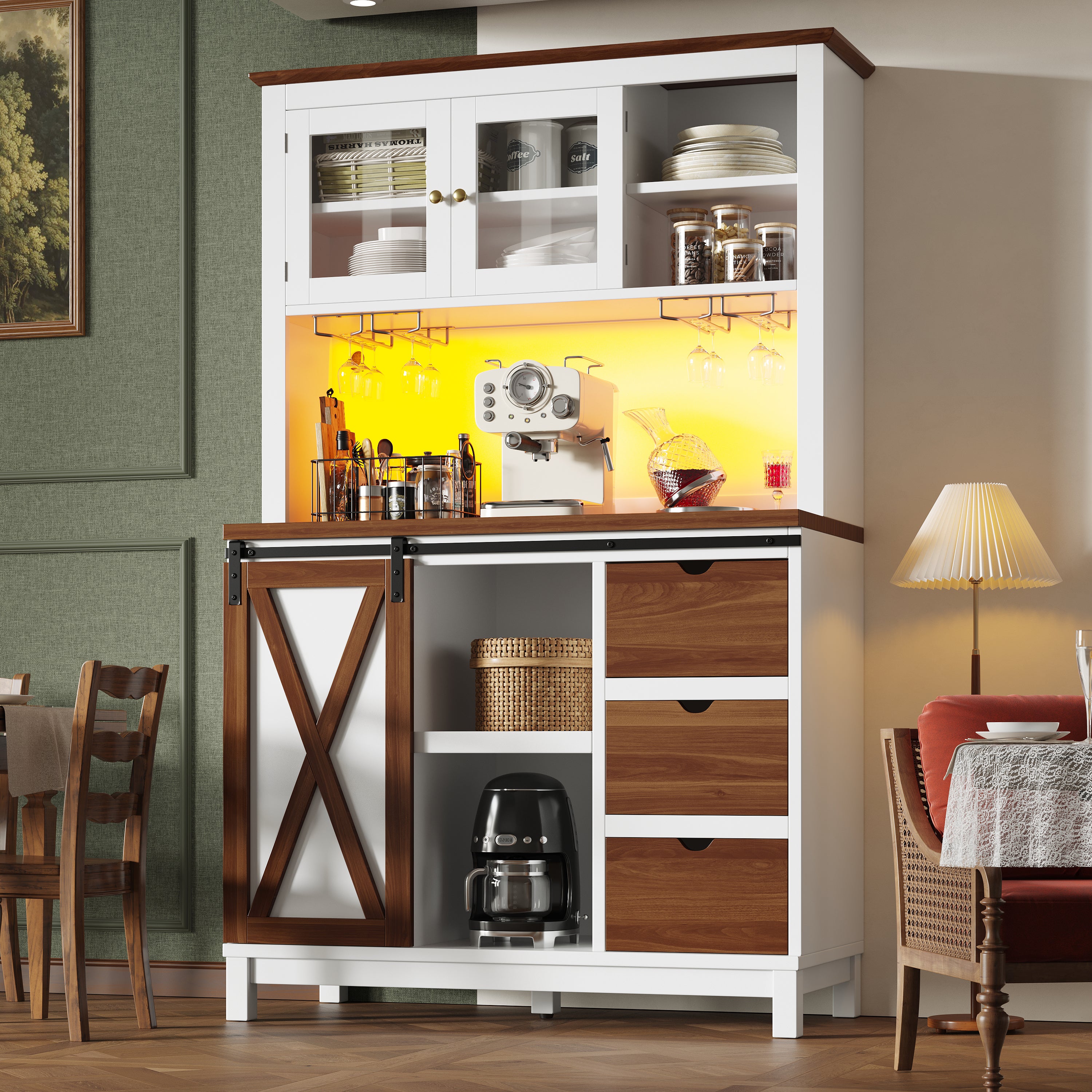 Modern Tall Cabinet with LED Lighting, App Control and Sliding Door, White