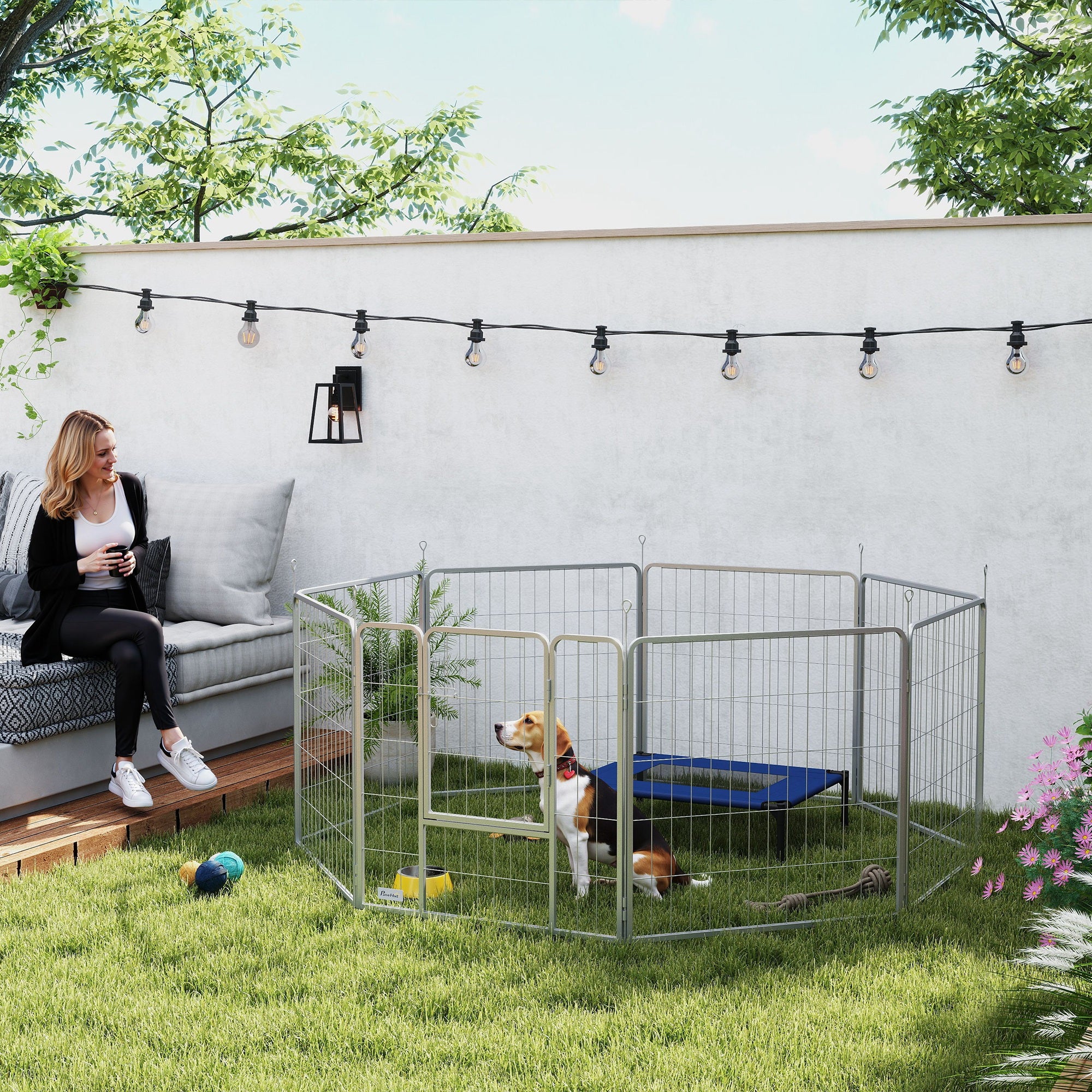 Puppy Playpen, 8-Piece 80cm High Outdoor Playpen with Door, Steel Silver
