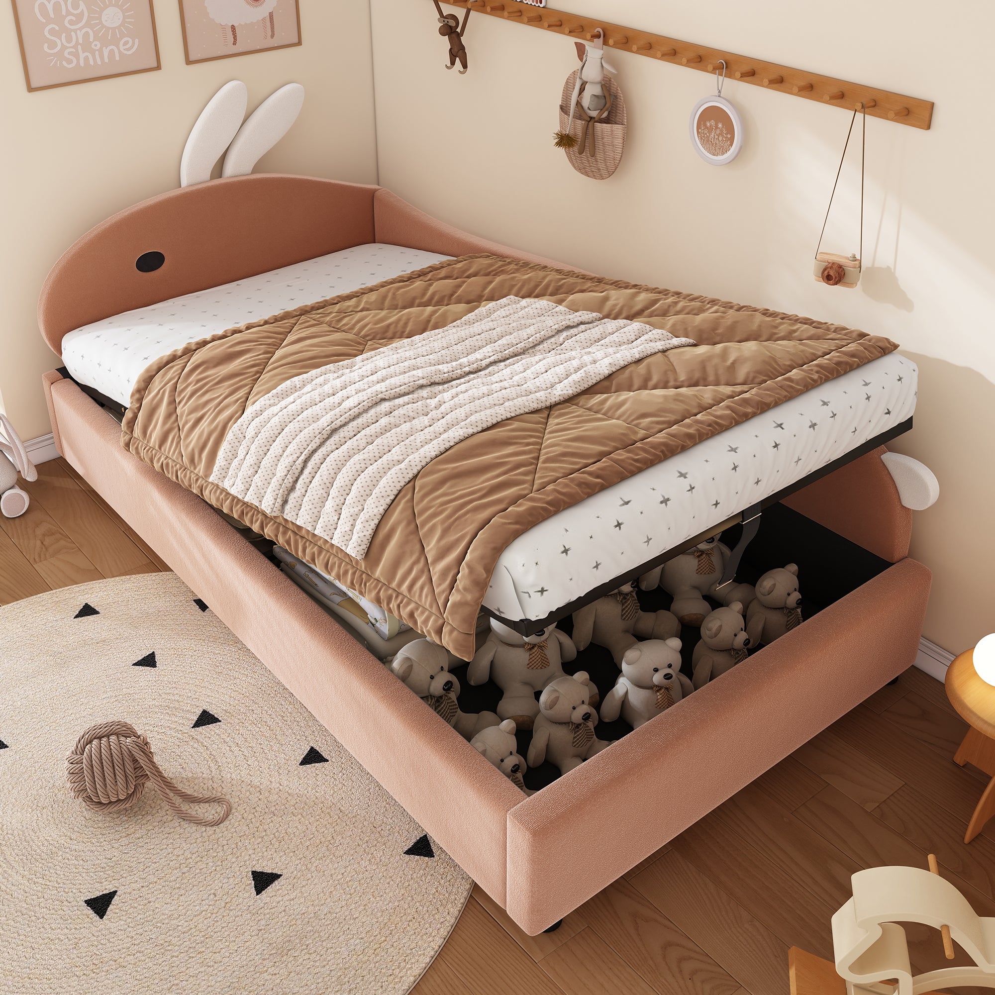 Upholstered Bed, Single Children's with Bunny Headboard & Hydraulic Storage, Velvet Pink+White
