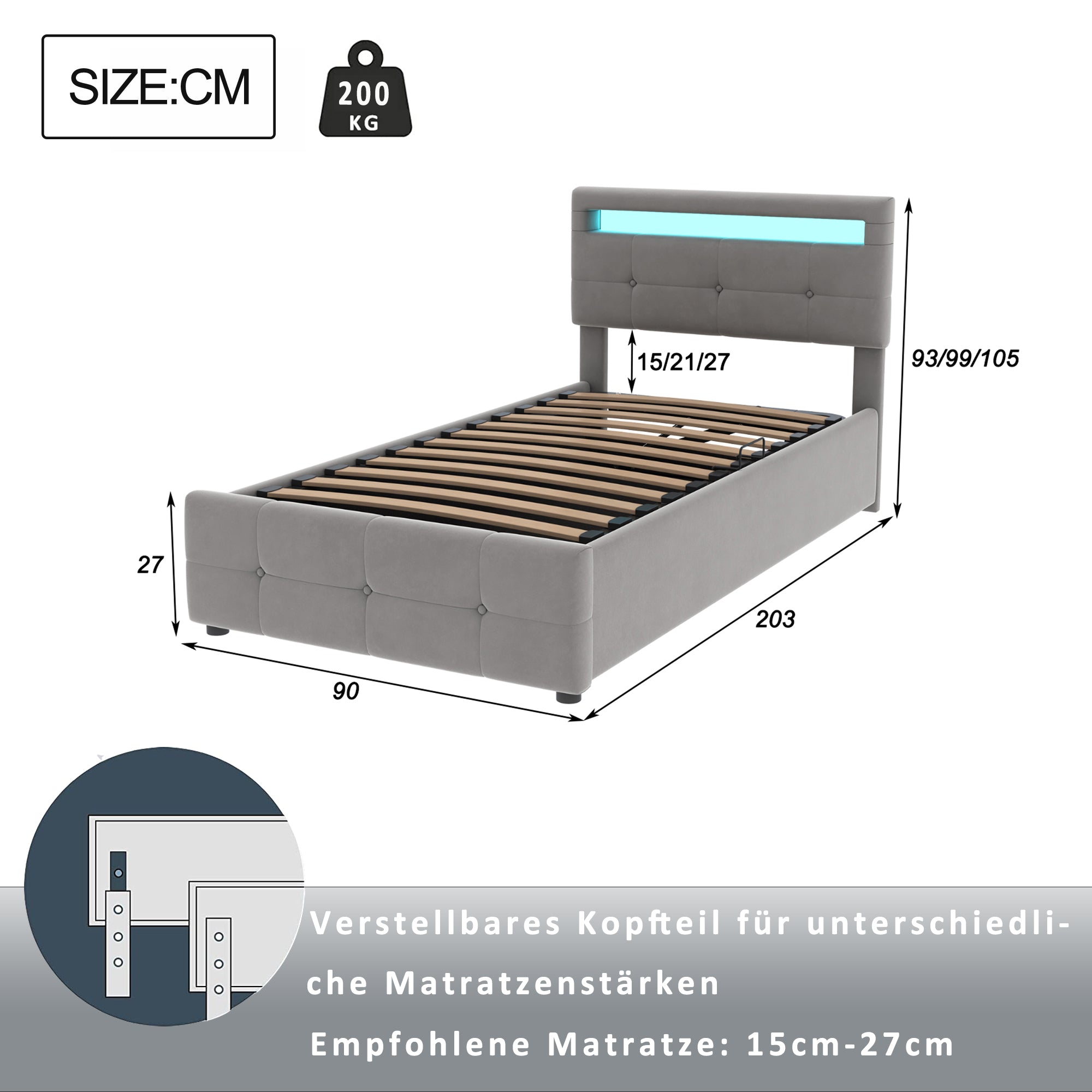 Upholstered Children's Bed, 90x200 cm with LED, Hydraulic Storage, Adjustable Headboard, Velvet Grey