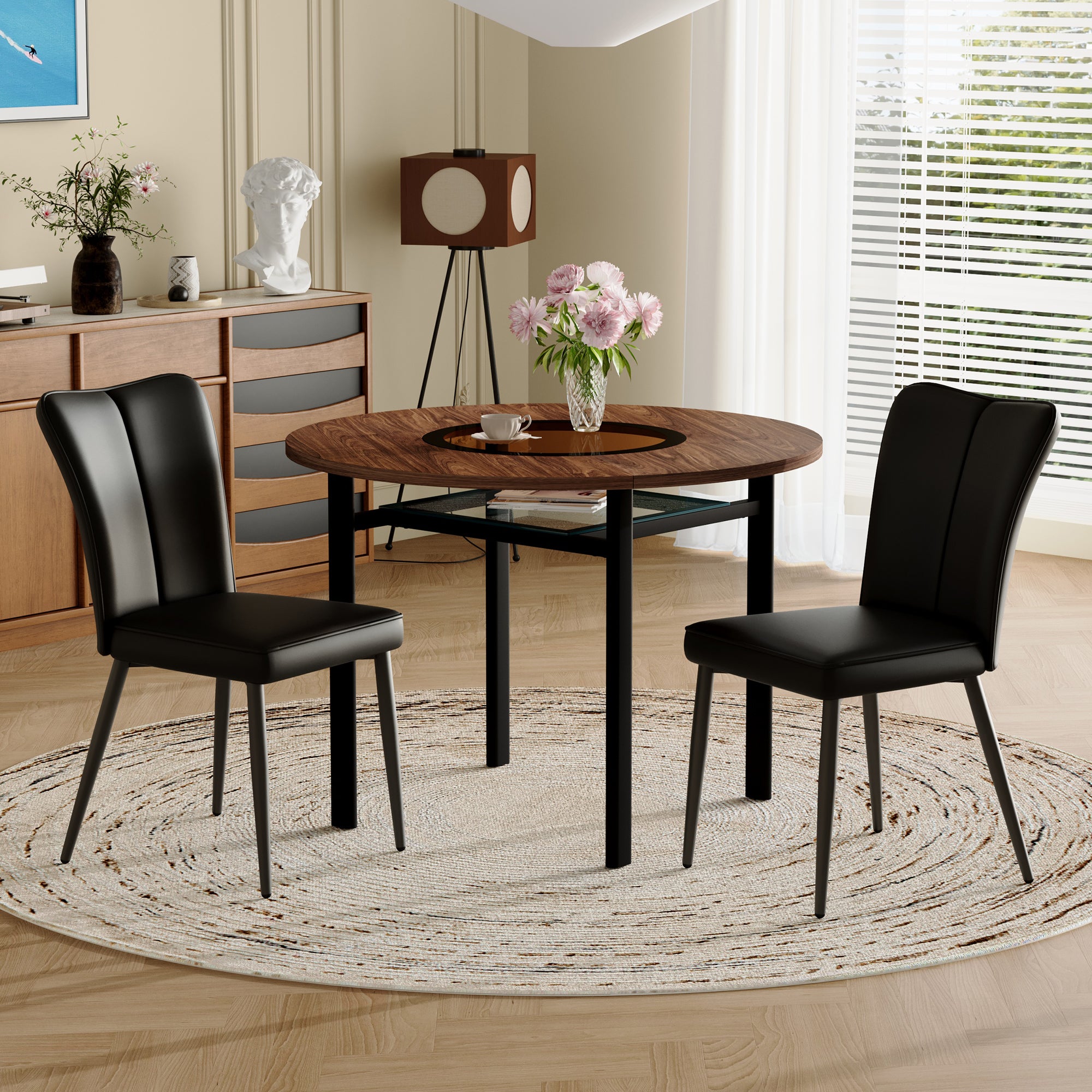 Modern Minimalist Round Dining Set (100cm Table, 2 Chairs), Wood Look/Black PU