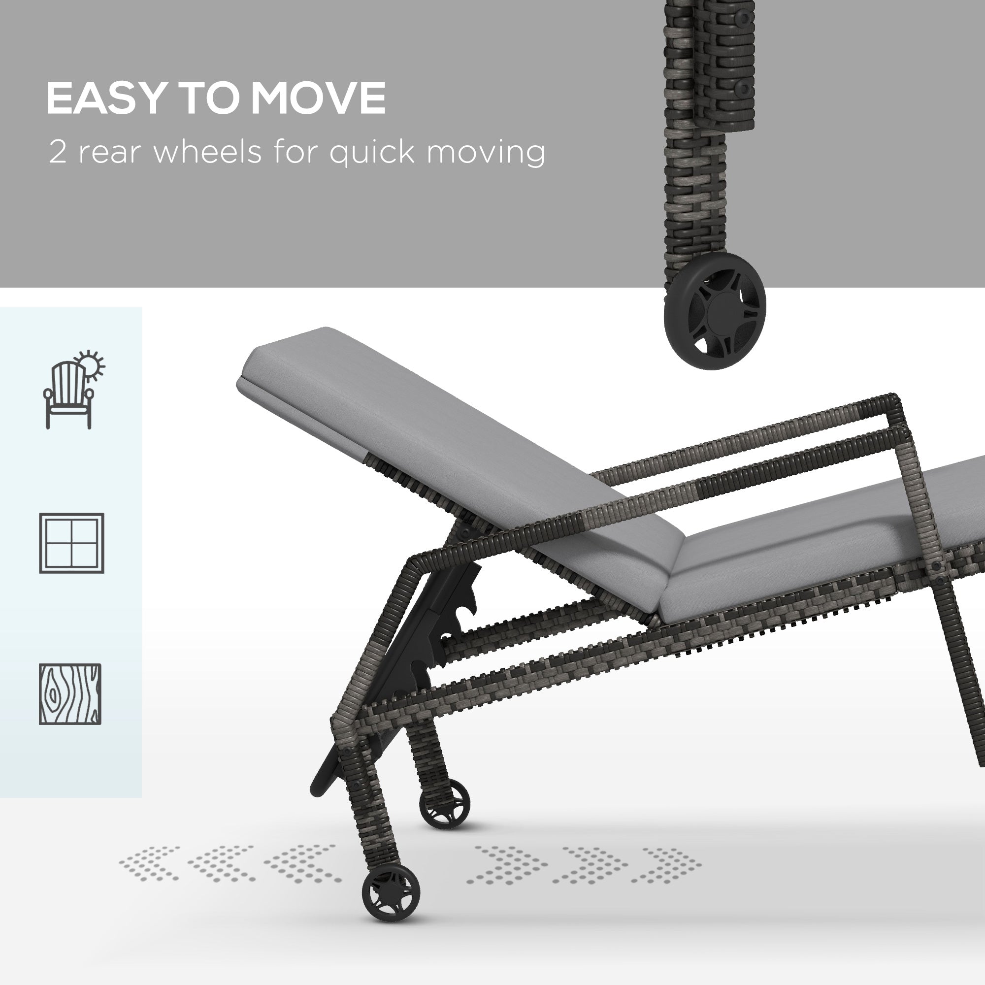 Outdoor Sun Lounger Chaise Recliner, 5-Level Adjustable Backrest, 2 Wheels, Rattan Wicker