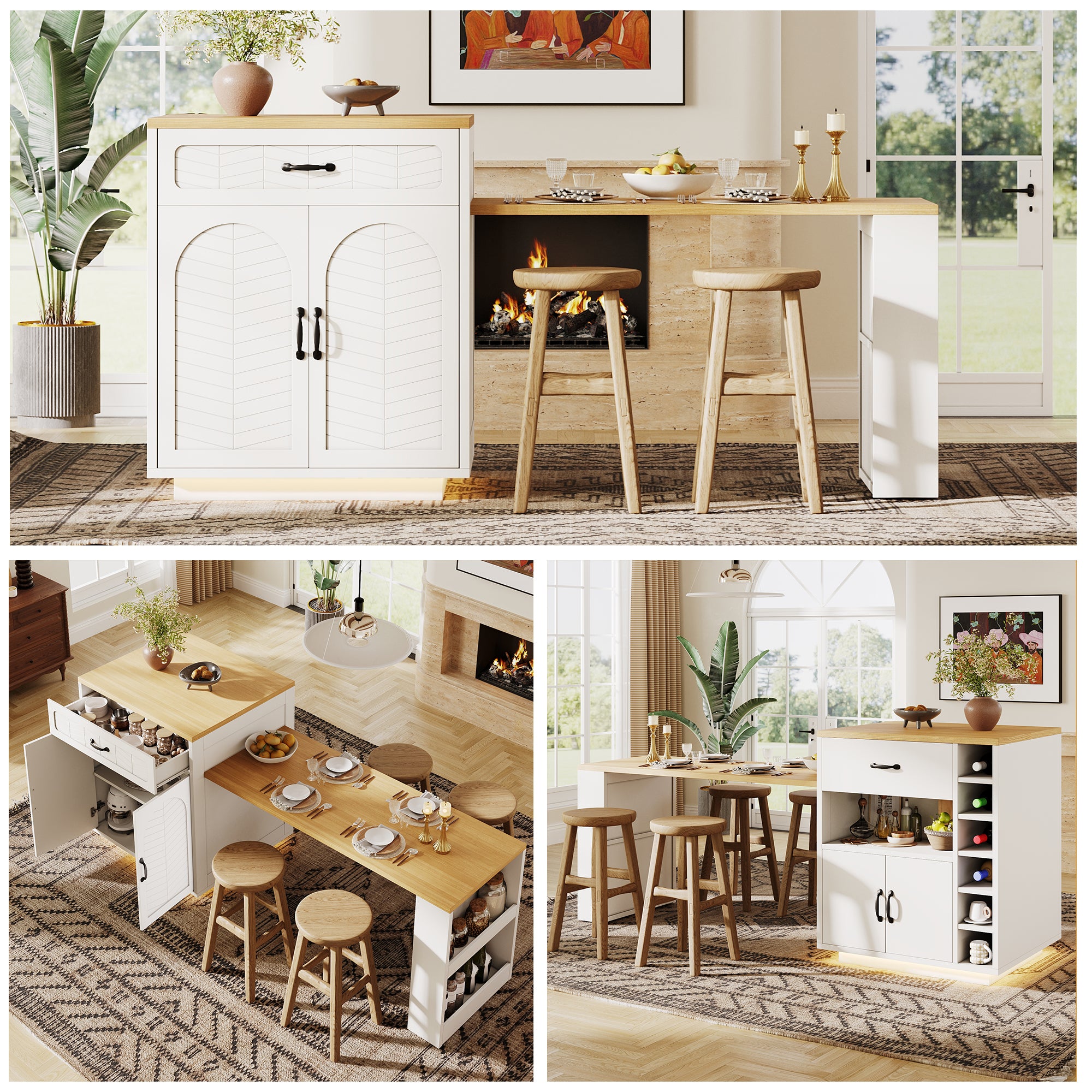 Kitchen Island with Pull-out Table and Storage, 2 Drawers and 4 Doors, Black/White