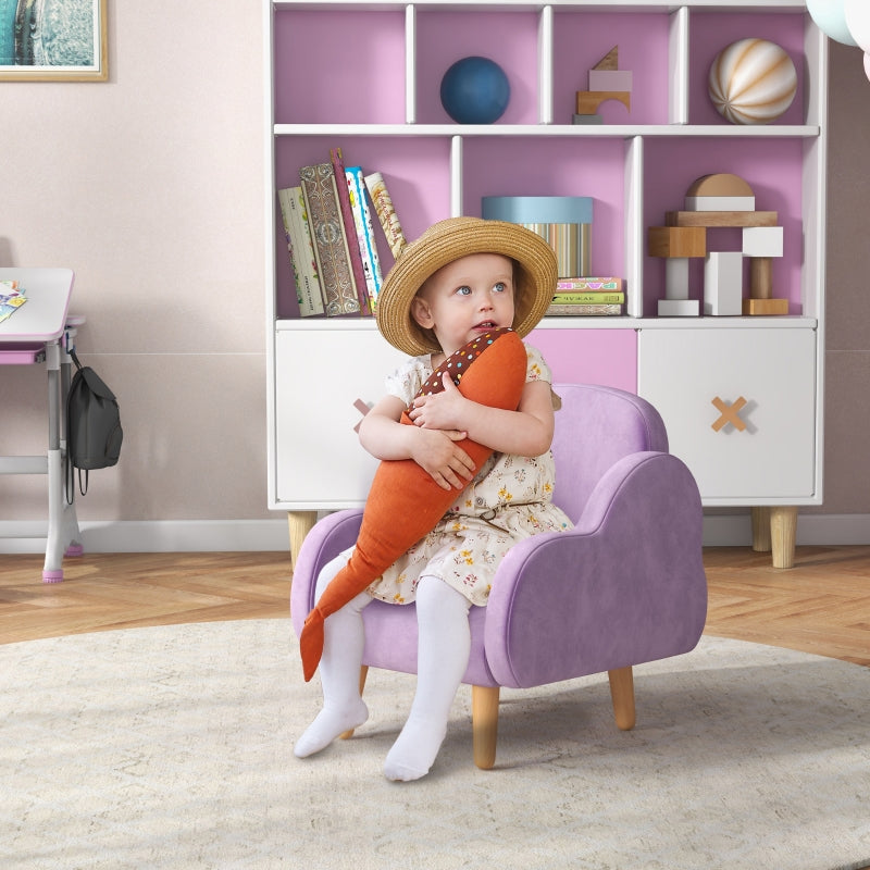 Kids Armchair Toddler Sofa with Arm Rest, Cloud Shape, for Ages 1.5-3 Years, Purple Velvet