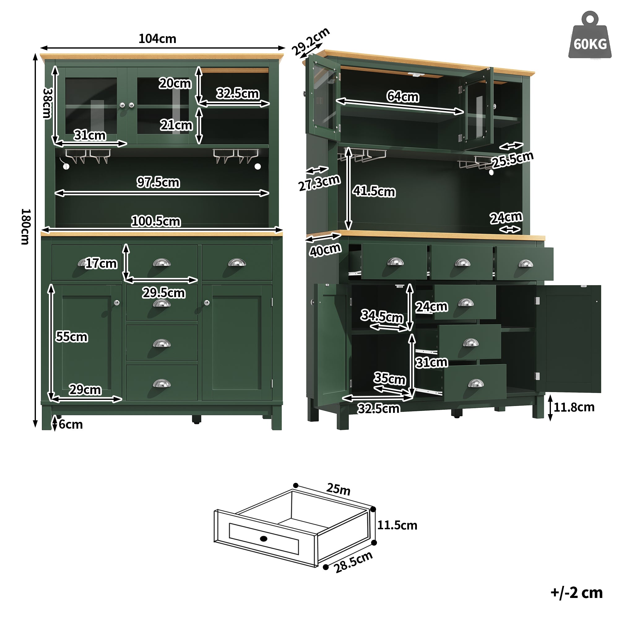 Buffet Sideboard Cabinet with 4 Doors and LED Lights, Green and White