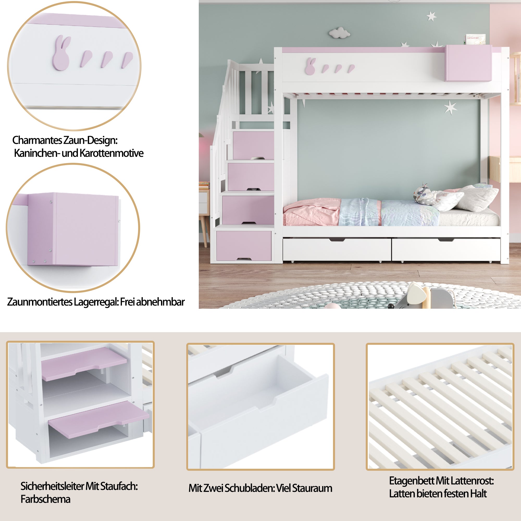Children's Bunk Bed 90x200cm Rabbit & Carrot Motif Storage Ladder Drawers, White & Pink