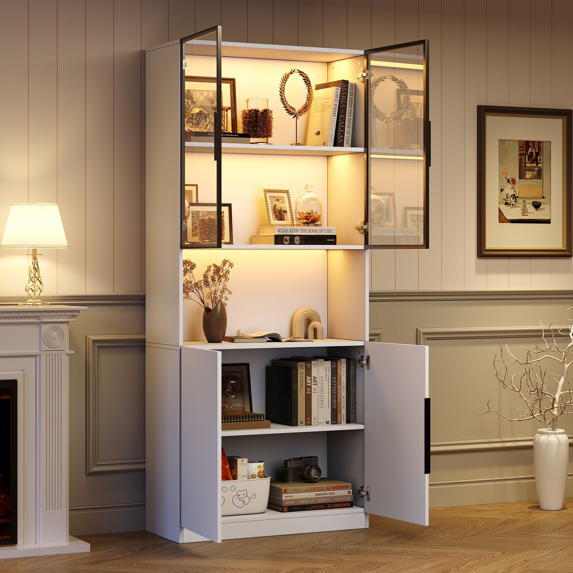Display Cabinet, Glass Doors LED Lights Bookshelf, White