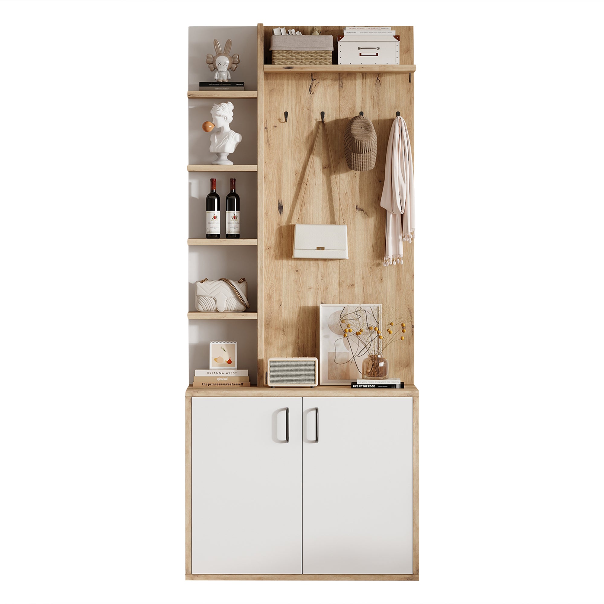 Coat Rack, 75x33x180cm Wardrobe, Shoe Storage & Hooks, Wood & White
