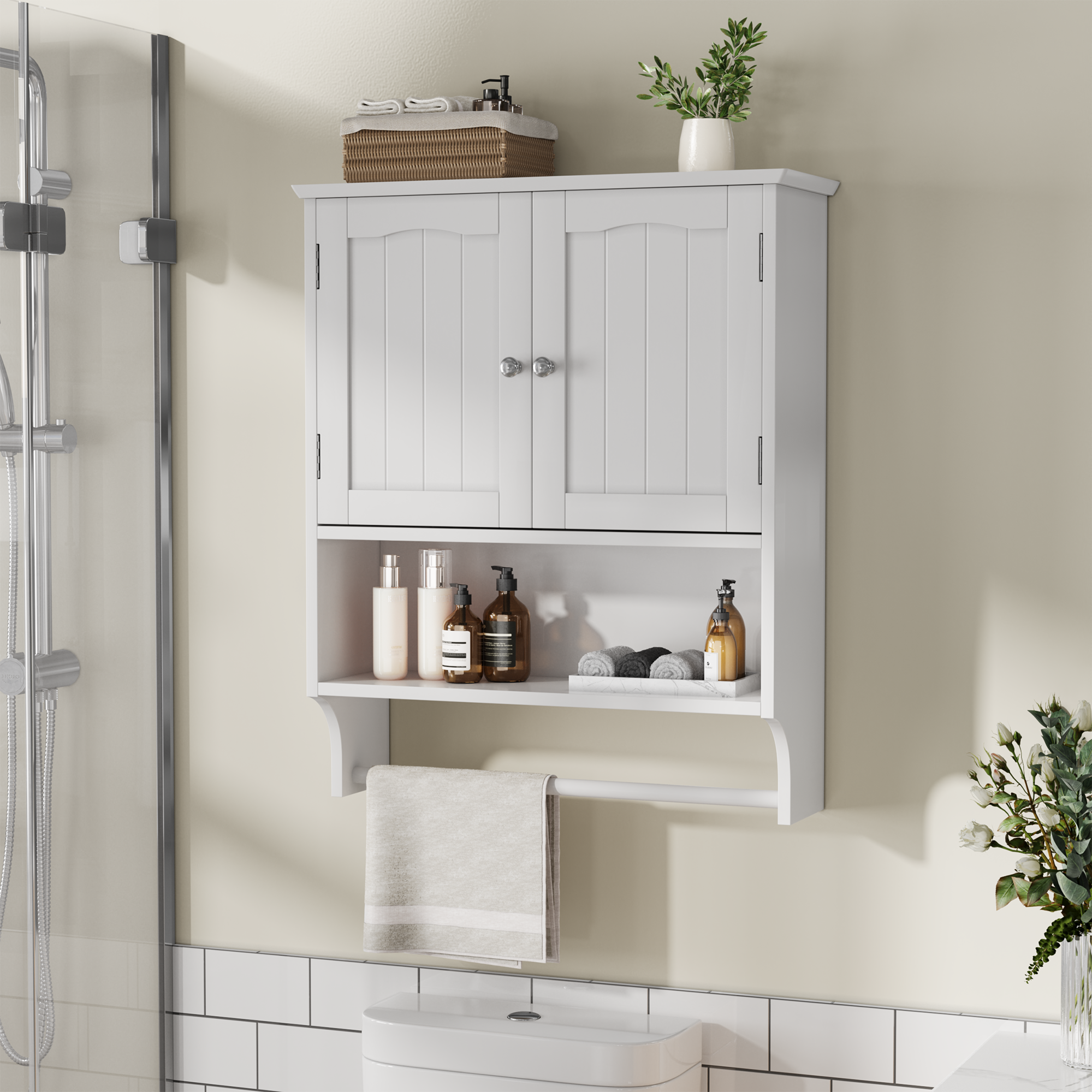 Bathroom Cabinet, Wall-Mounted Towel Rack & 2 Adjustable Shelves, White