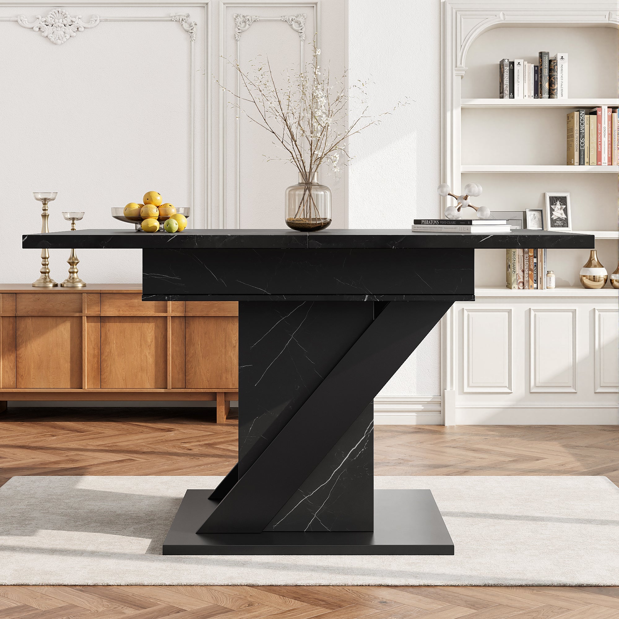 Telescopic Dining Table 110-140x80cm Extendable - Black Marble Look