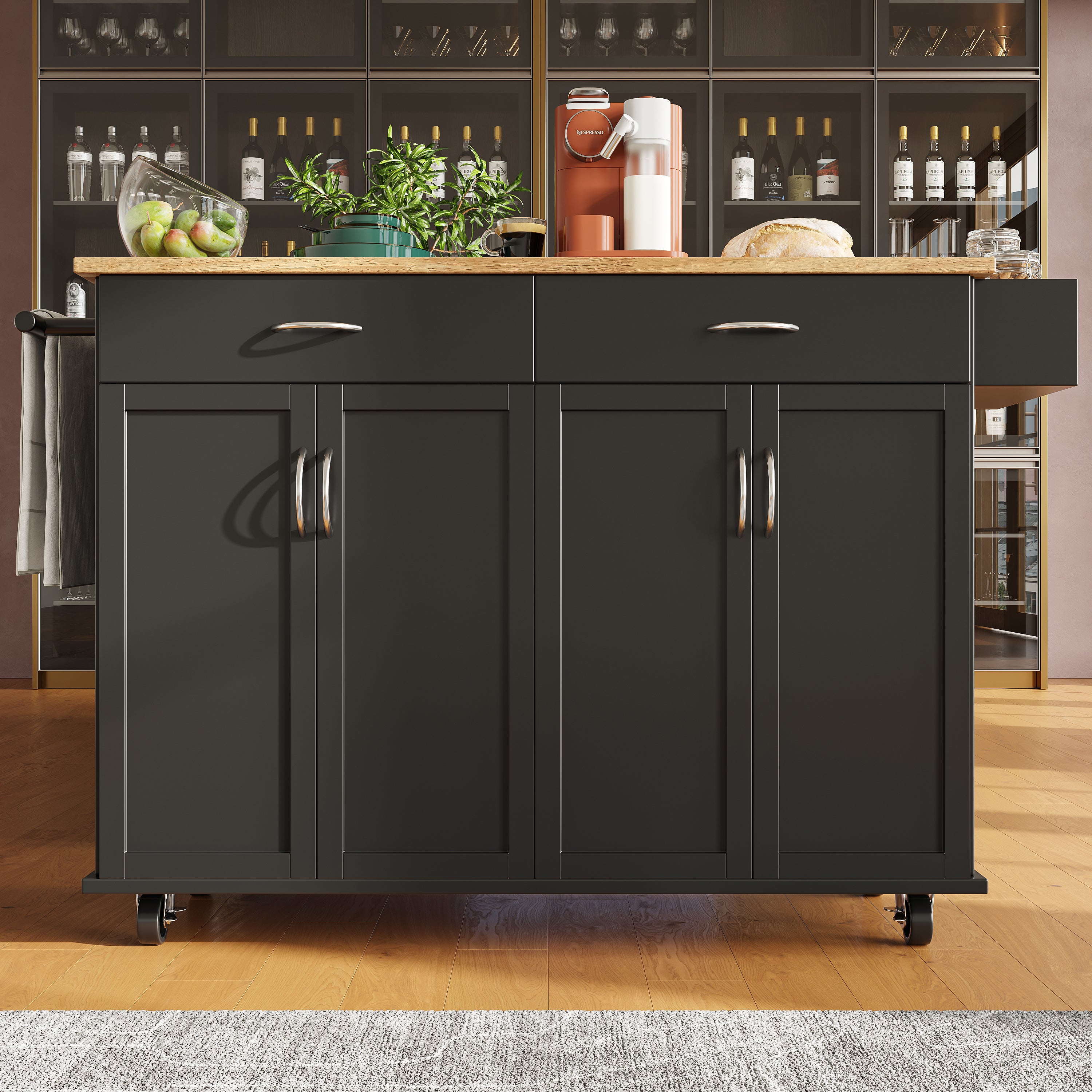 Modern Kitchen Island Multifunctional Dining Cart Storage - Black