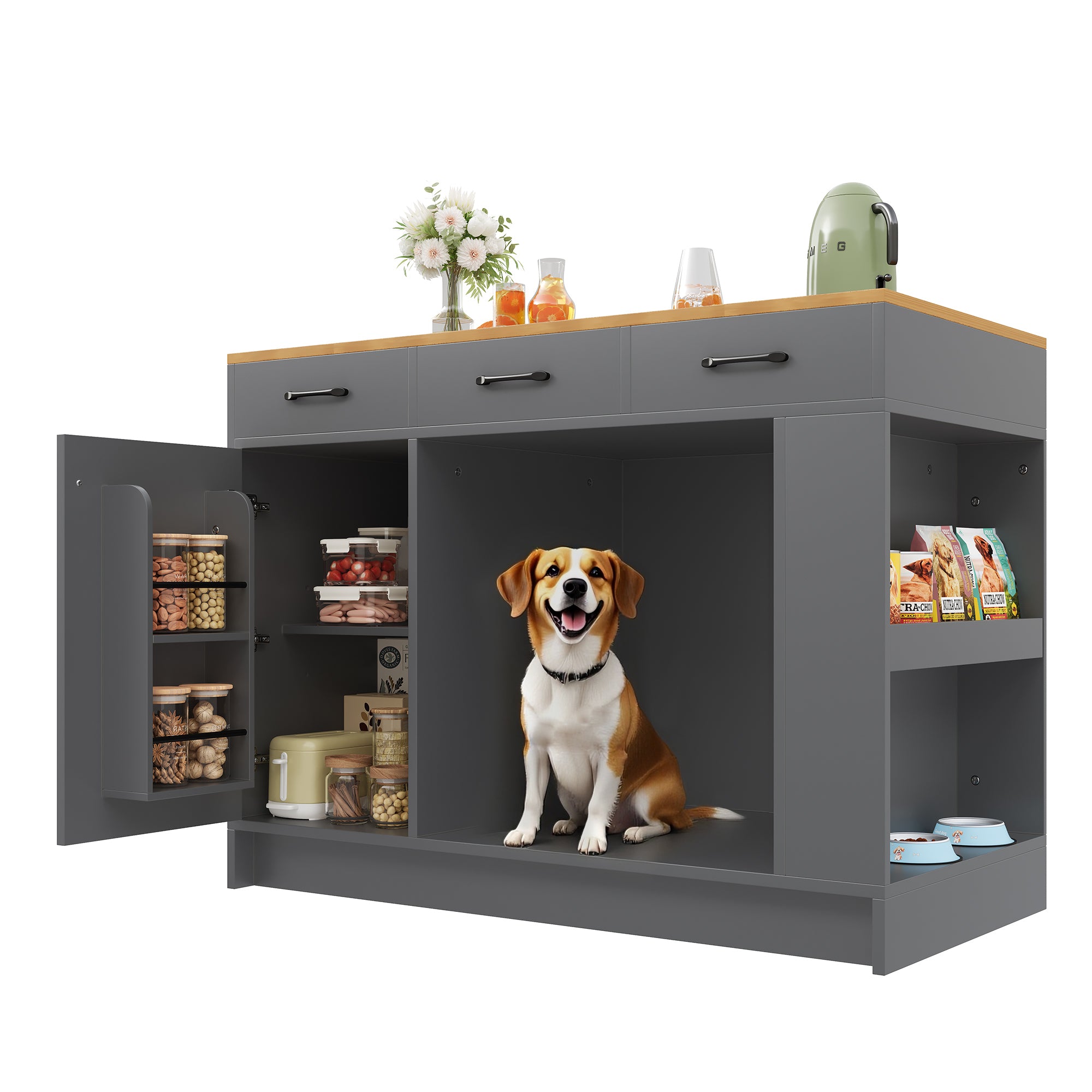 Kitchen Island with 3 Drawers, Spice Rack and Pet Storage Area, Grey