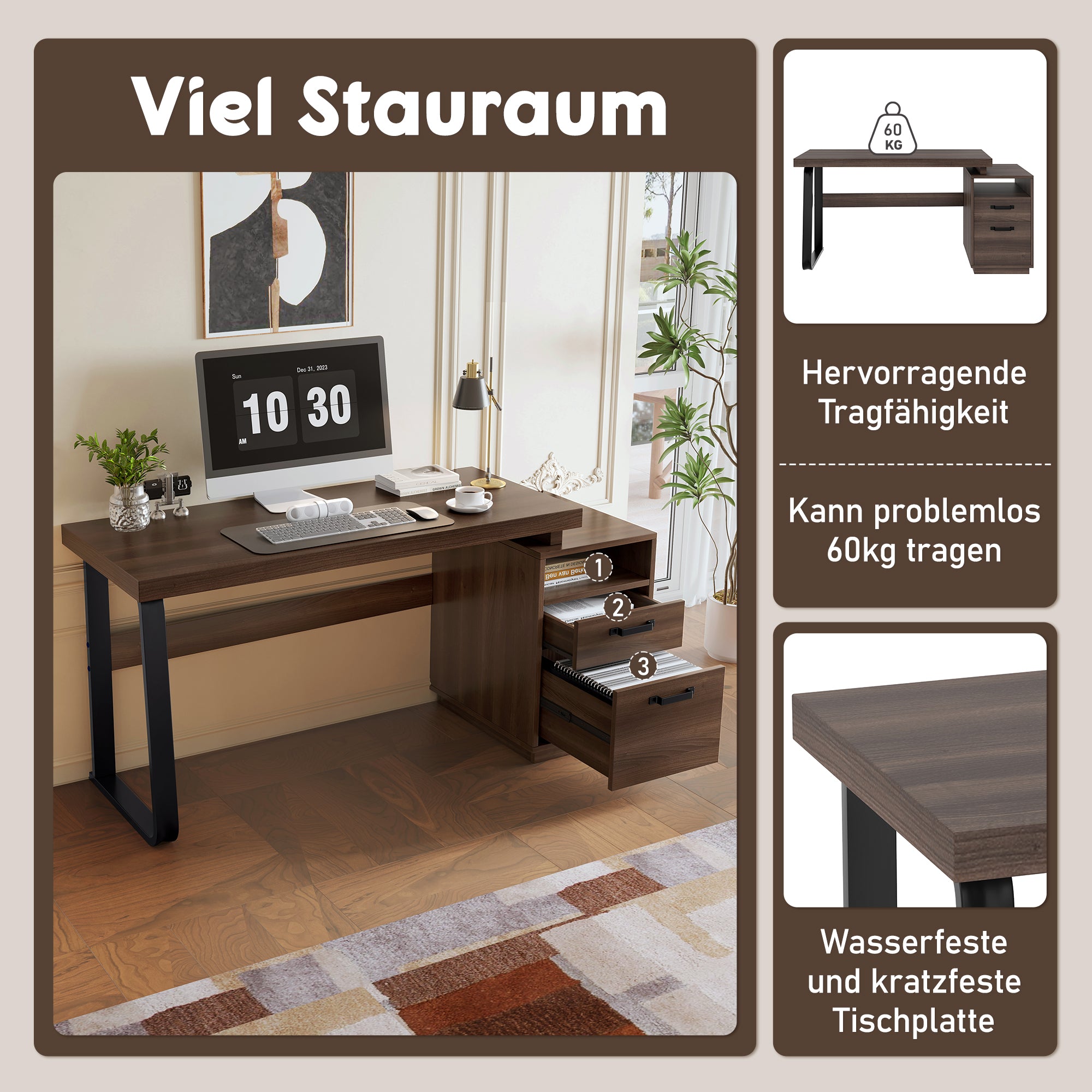 Modern Desk with Multifunctional Storage and Silent File Drawer, MDF and Steel, Brown