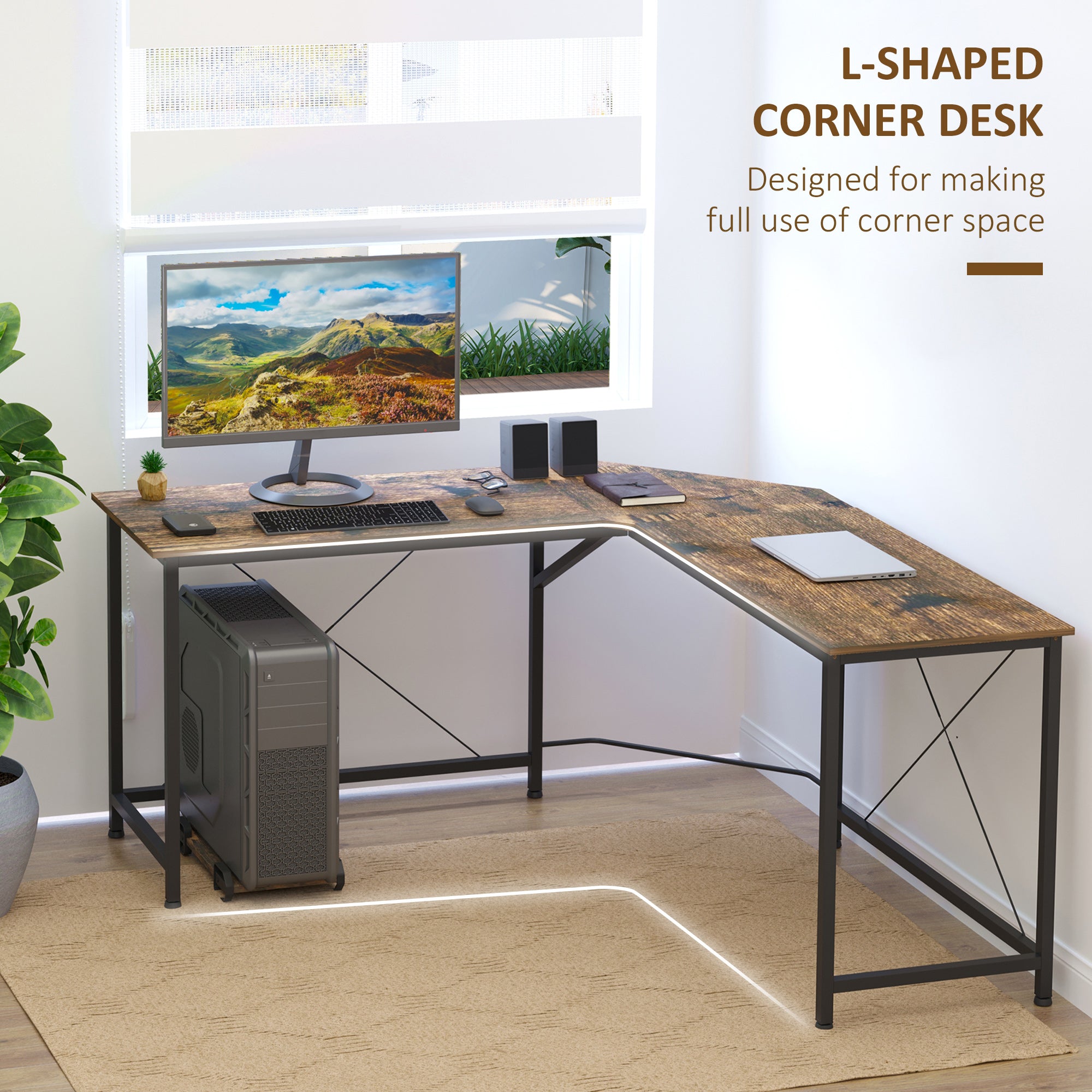 L-Shaped Corner Gaming Computer Desk, 150x150x75cm, Rustic Brown