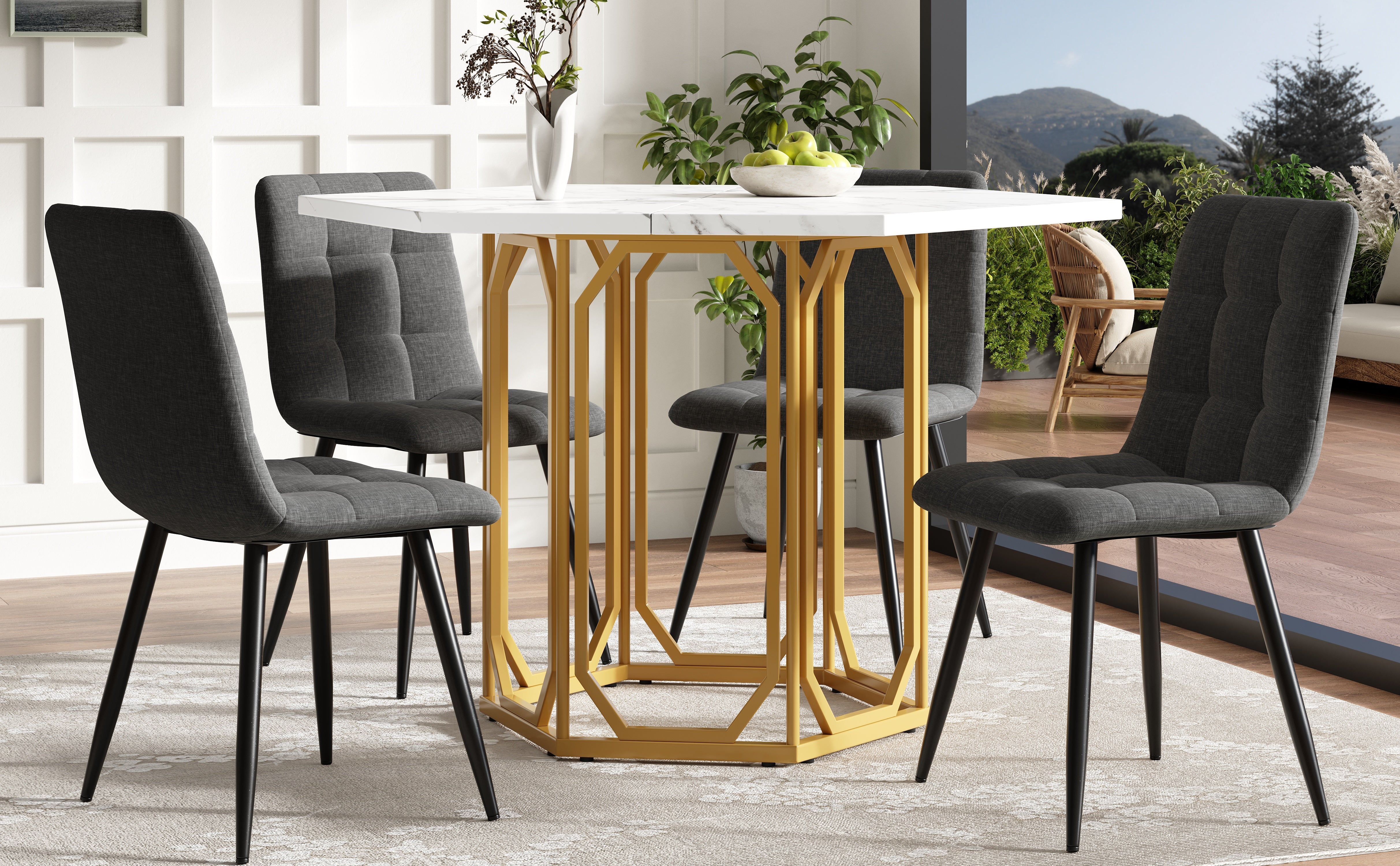 Hexagonal Marble Table Metal Legs - Gold