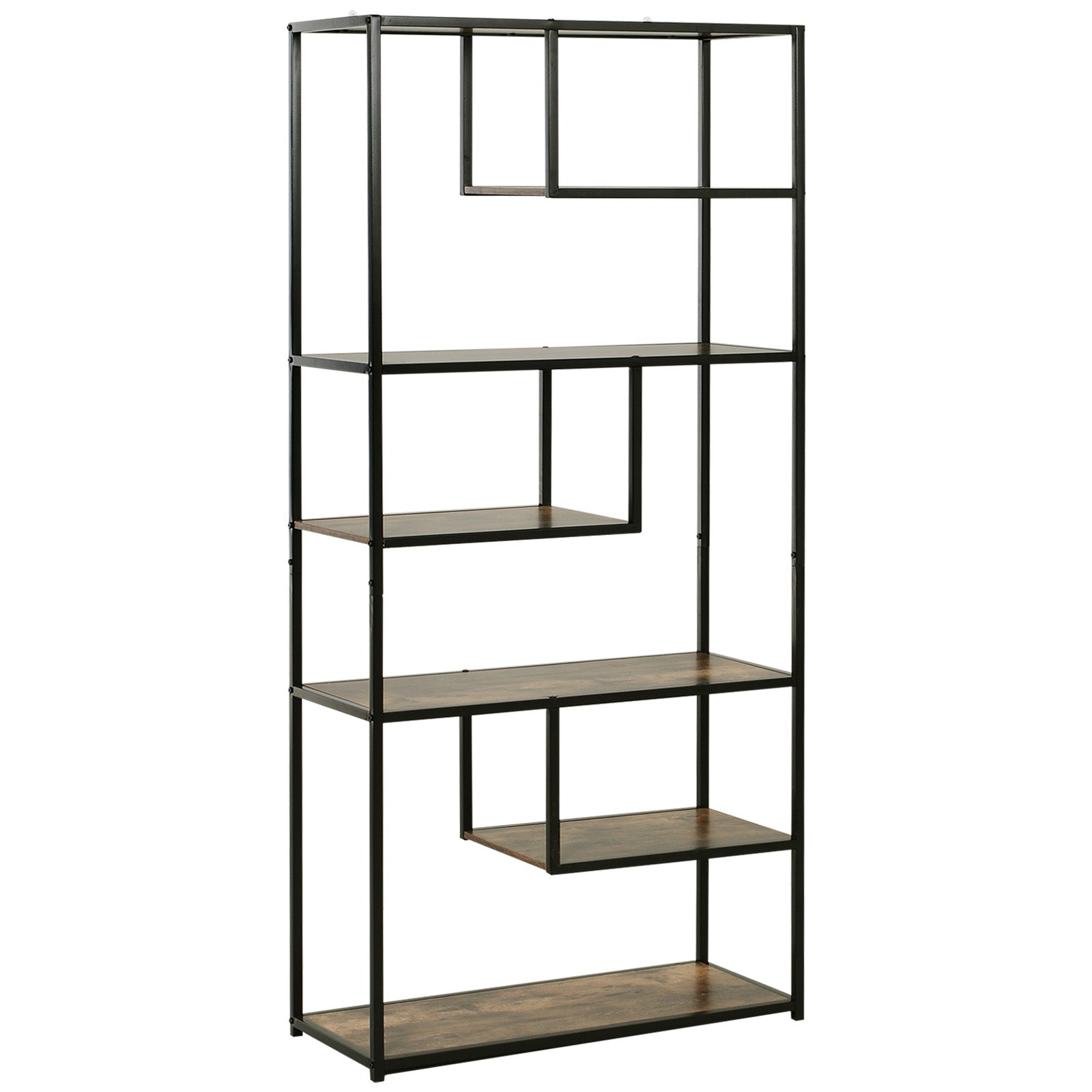 6 Tier Bookcase Industrial Tall Shelf Unit Steel Frame Rustic Brown and Black