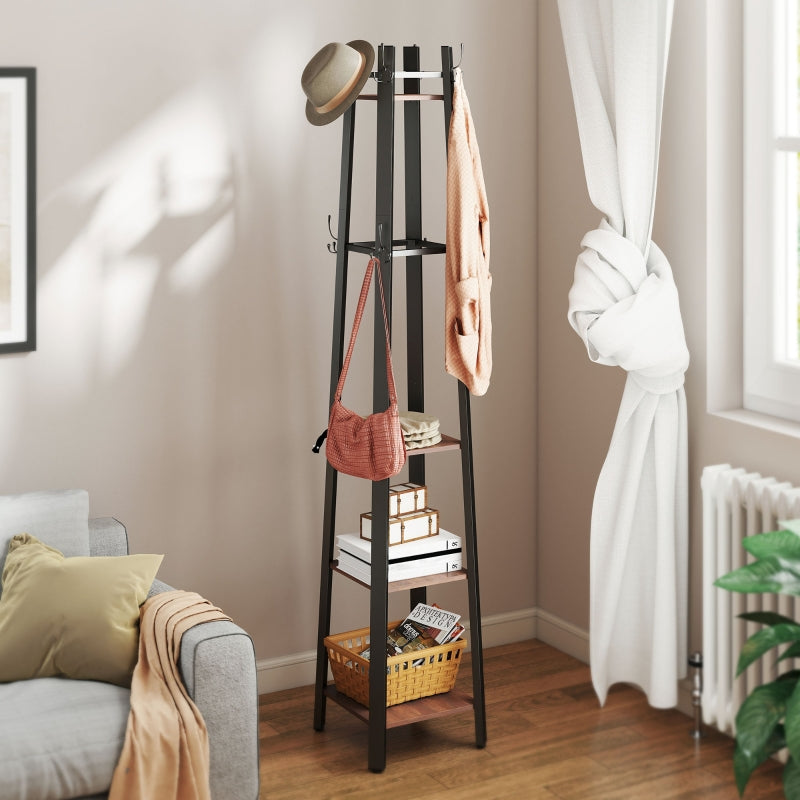 Coat Rack, 4-Tier Freestanding with 8 Hooks and 4 Shelves, Industrial Style, Brown