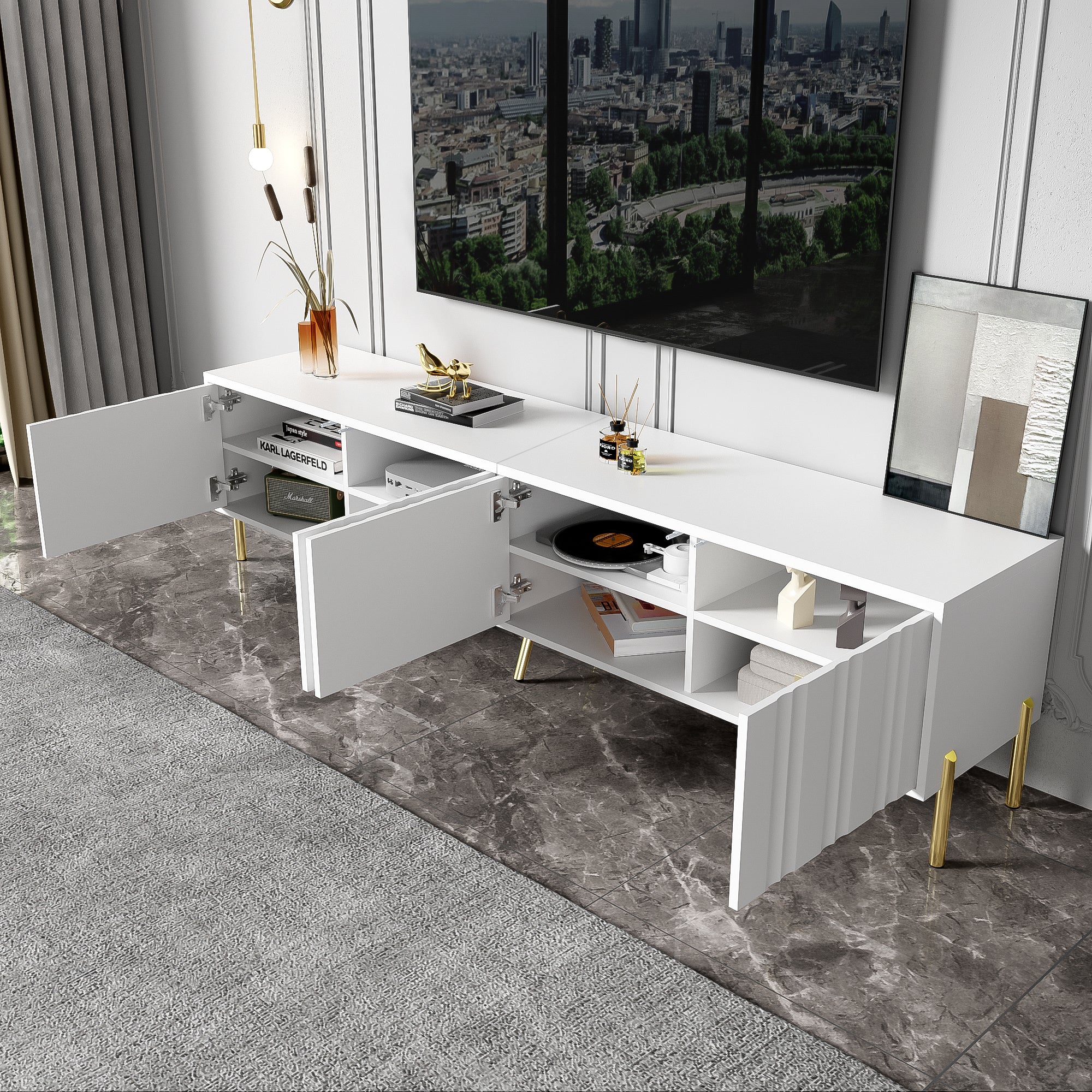 TV Cabinet 190x38x48cm, Gold Legs, Grooved Doors, White