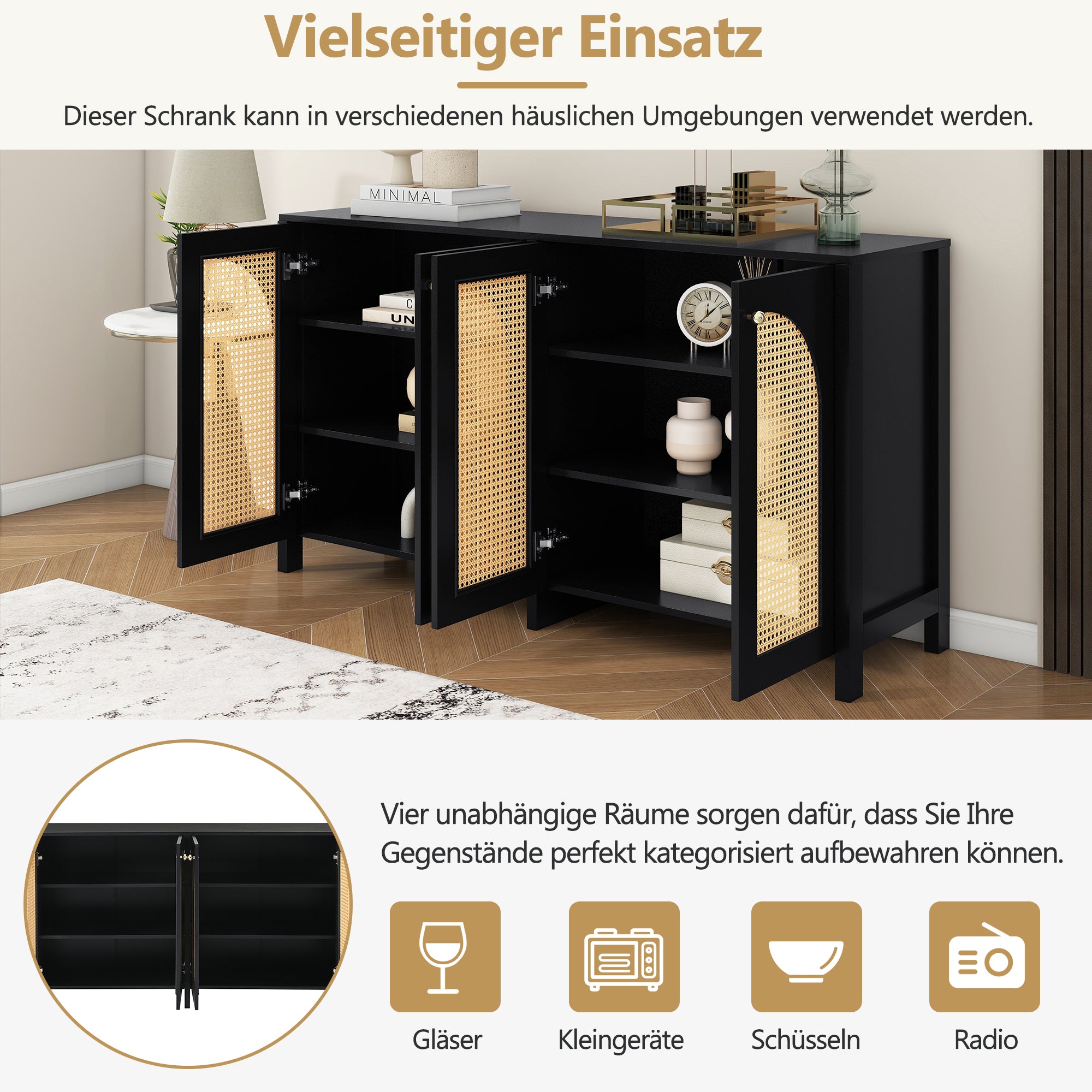 Sideboard, Minimalist with 4 Rattan Doors & Metal Handles, Black