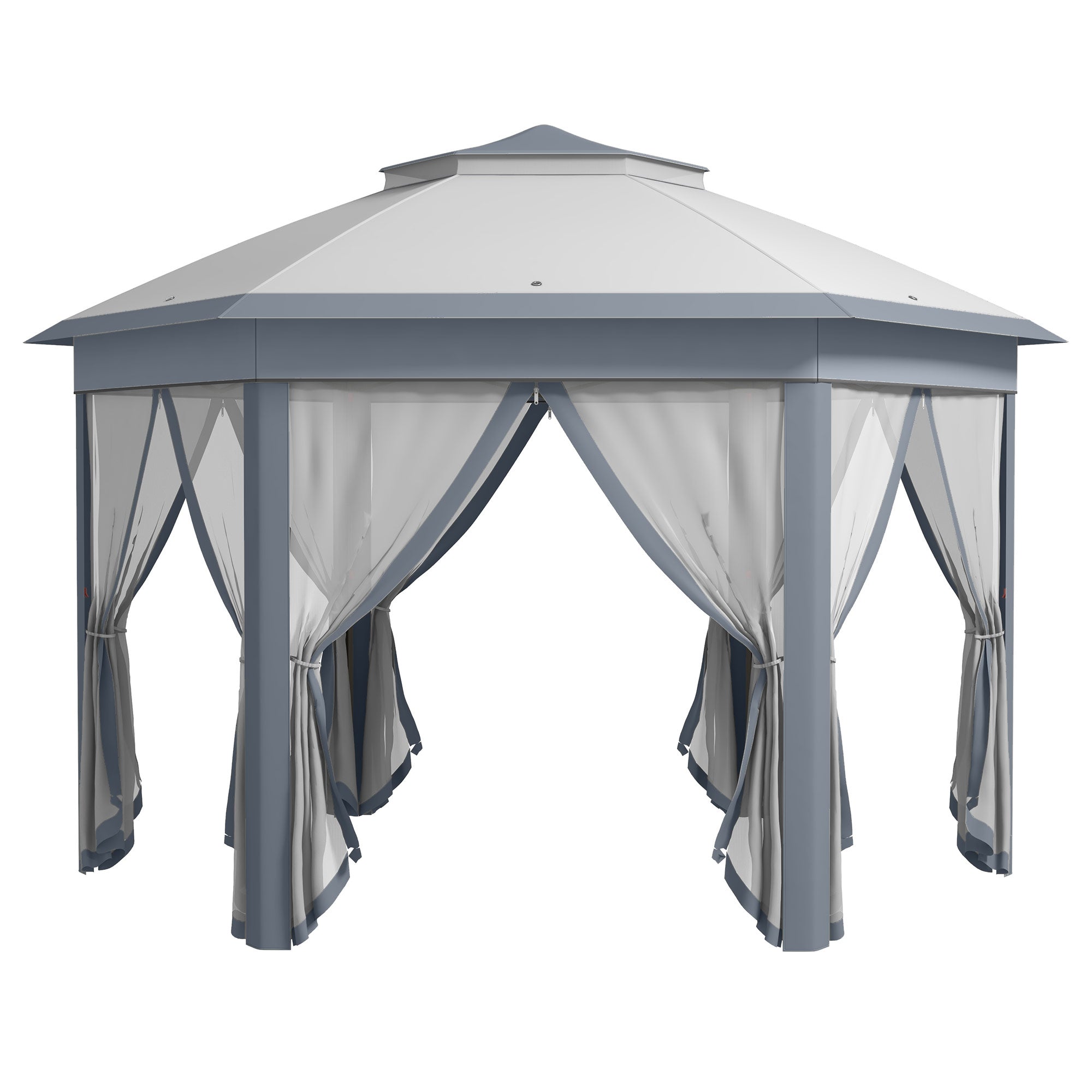 Metal Frame Hexagon Gazebo, 3 x 4m with Curtains - Grey