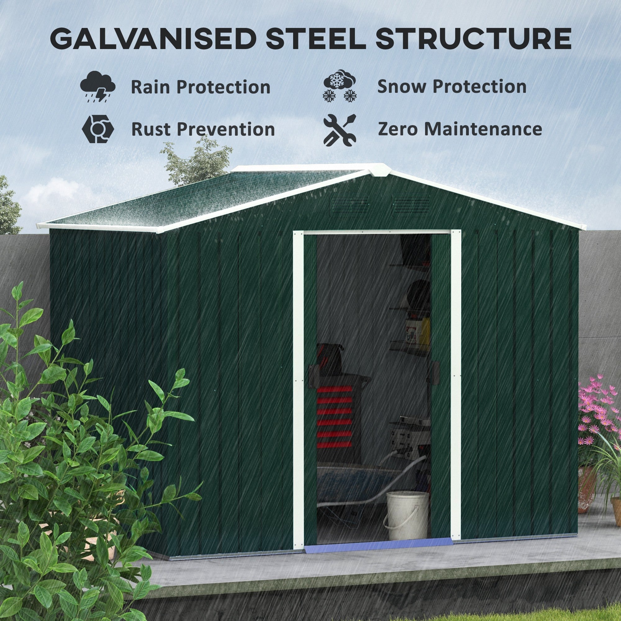 7.7 x 5.7ft Garden Shed, Ventilation Slots Sliding Doors Outdoor Tool Storage, Galvanised Green