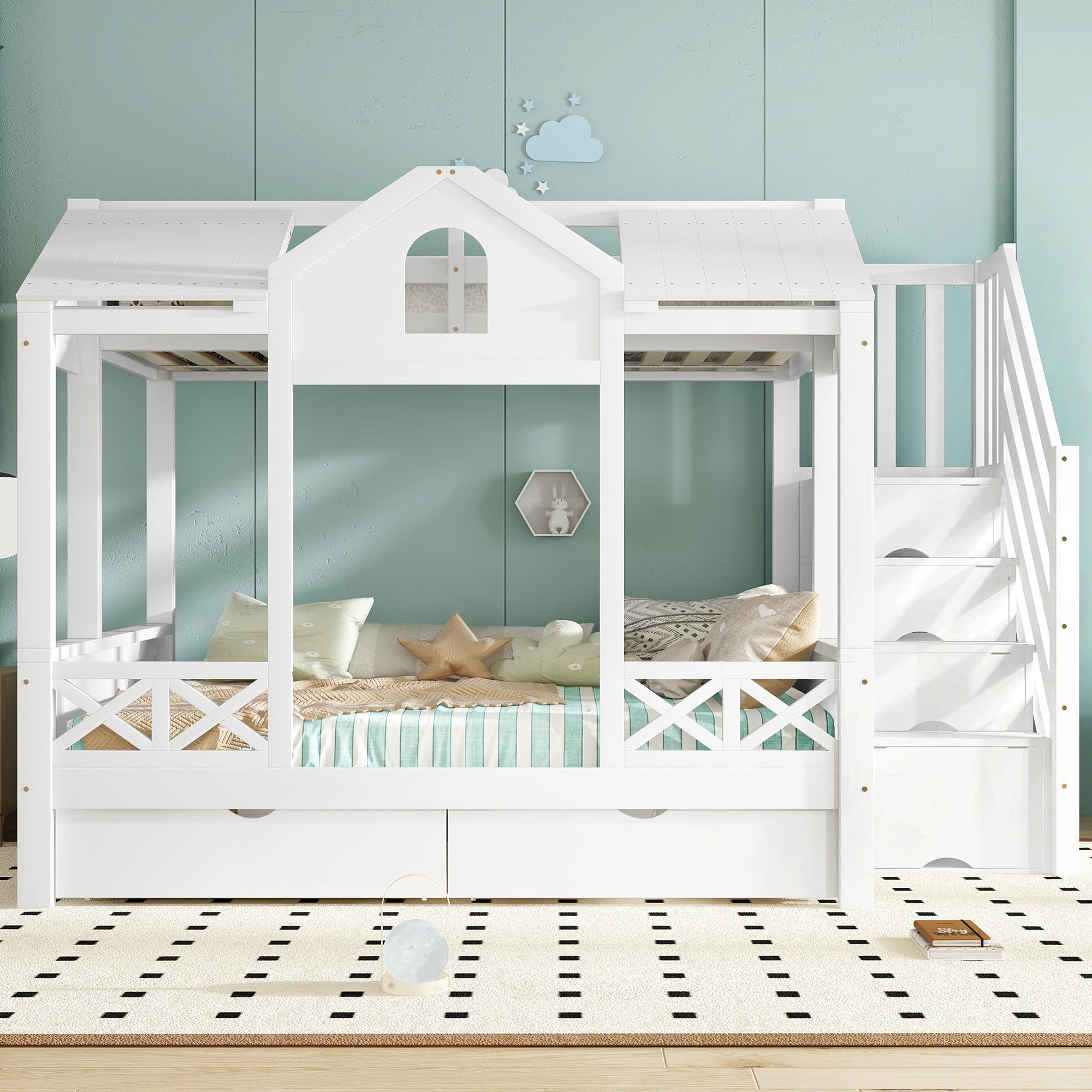 Bunk Bed Children's Storage, Drawers & Stair Cupboard, Pine + MDF + Plywood White